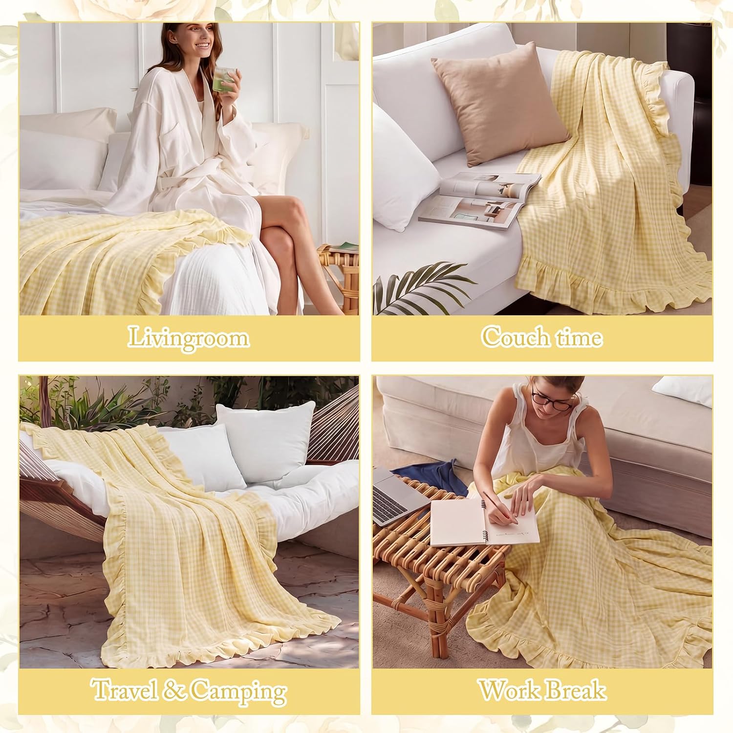 Tanglewick 100% Cotton Yellow Gingham Muslin Throw Blanket 6 Layers Ruffled, 50" X 60"