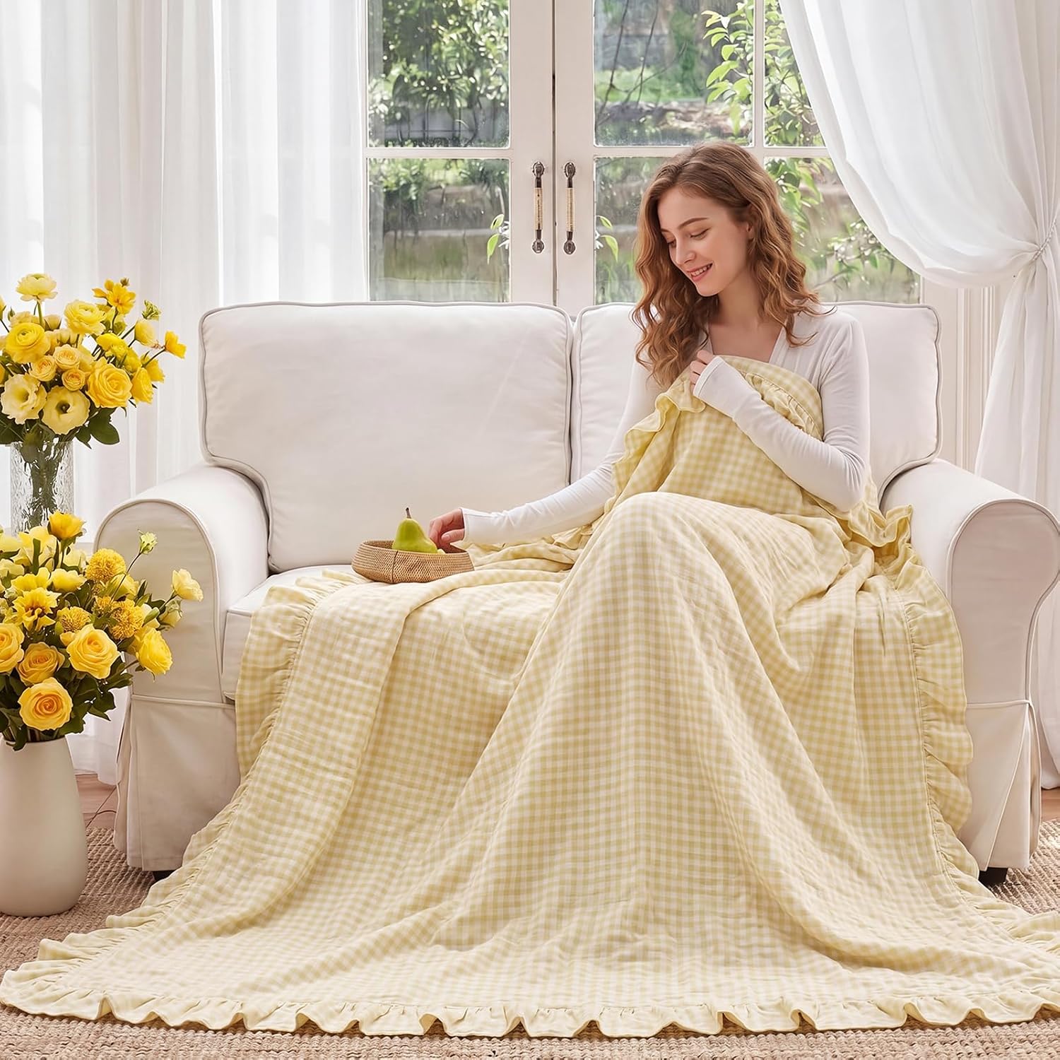 Tanglewick 100% Cotton Yellow Gingham Muslin Throw Blanket 6 Layers Ruffled, 50" X 60"