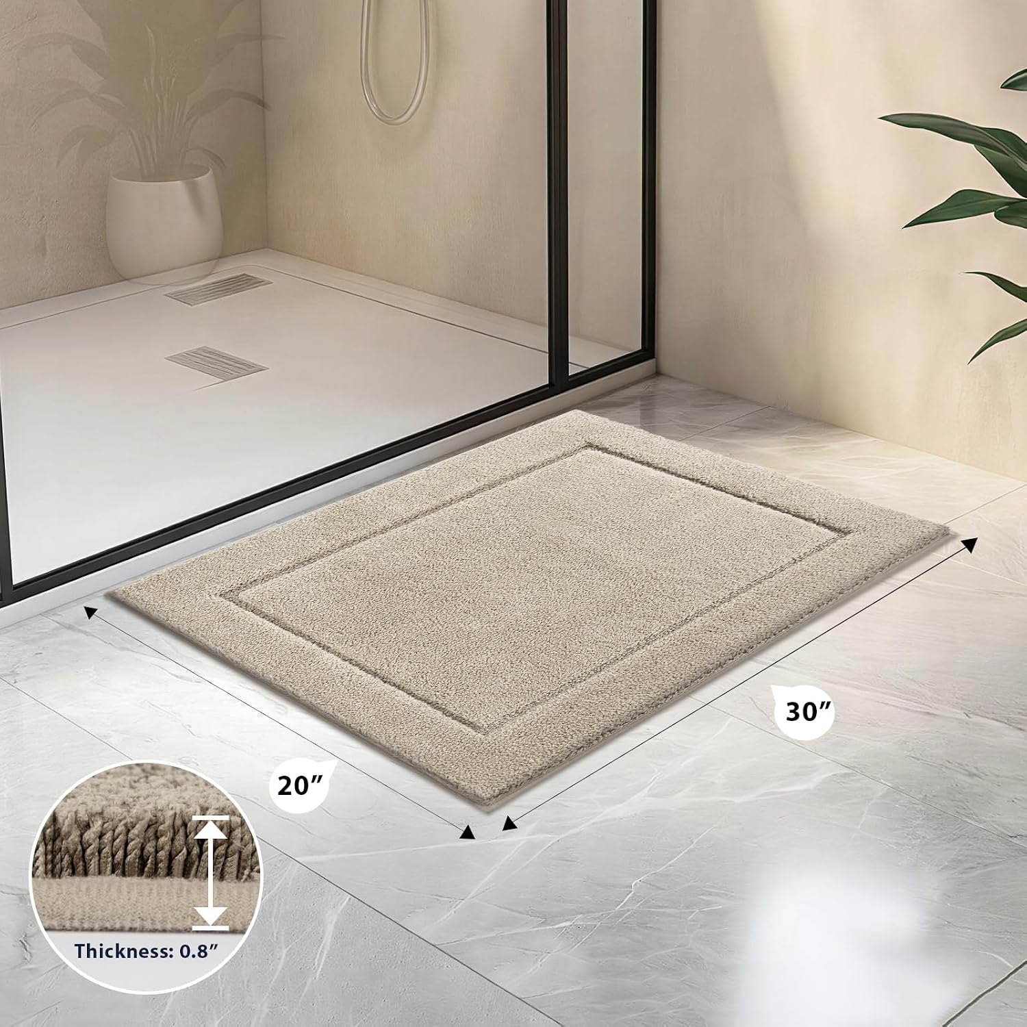 Aldernest Bathroom Rugs, Non-Slip Bath Rugs, 20" x 30", Beige, 4.17 Square Feet