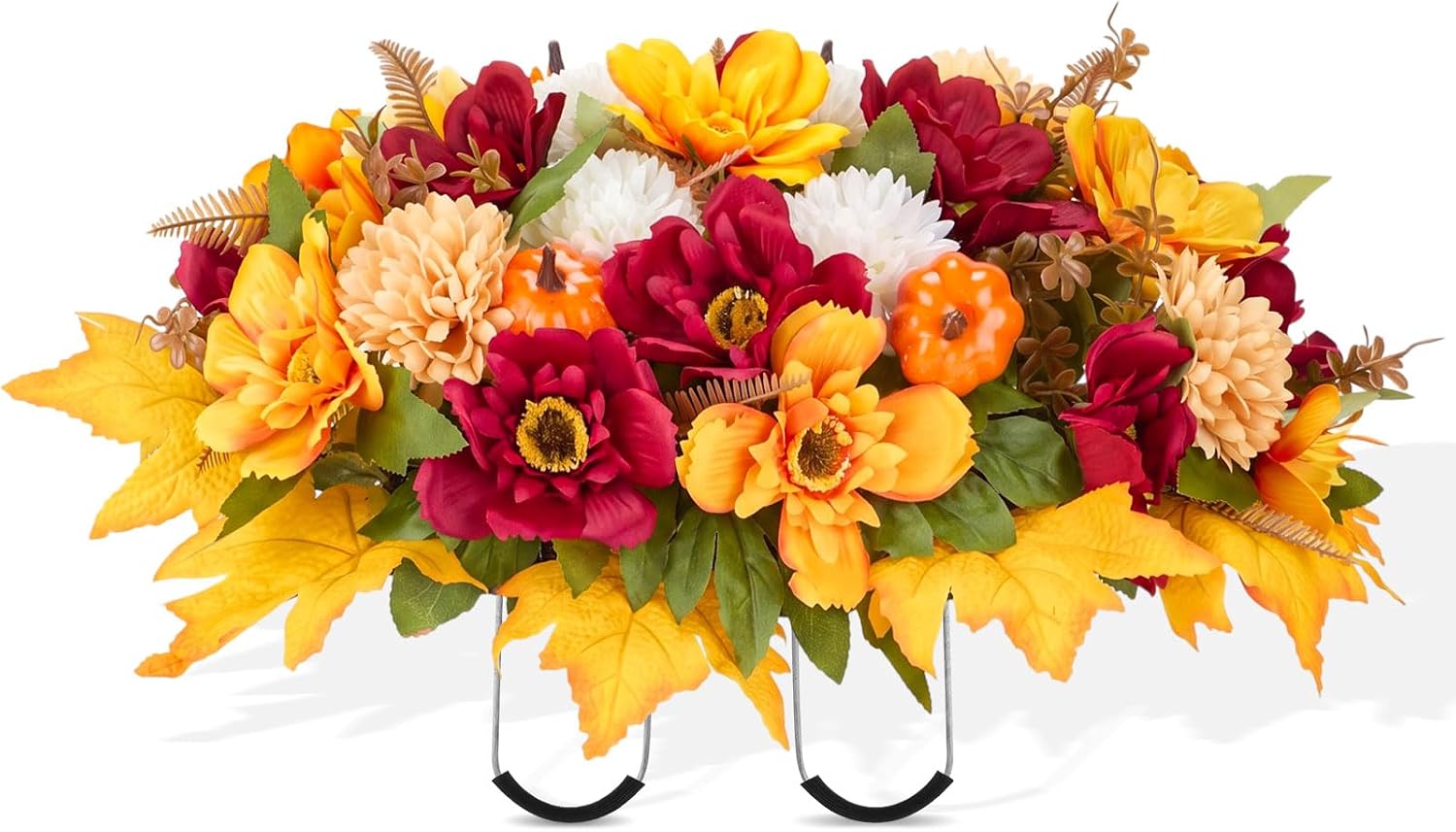 Ashenby Fall Cemetery Flowers for Grave Decorations, 28" Headstone Flower Saddles, Yellow, White, Red