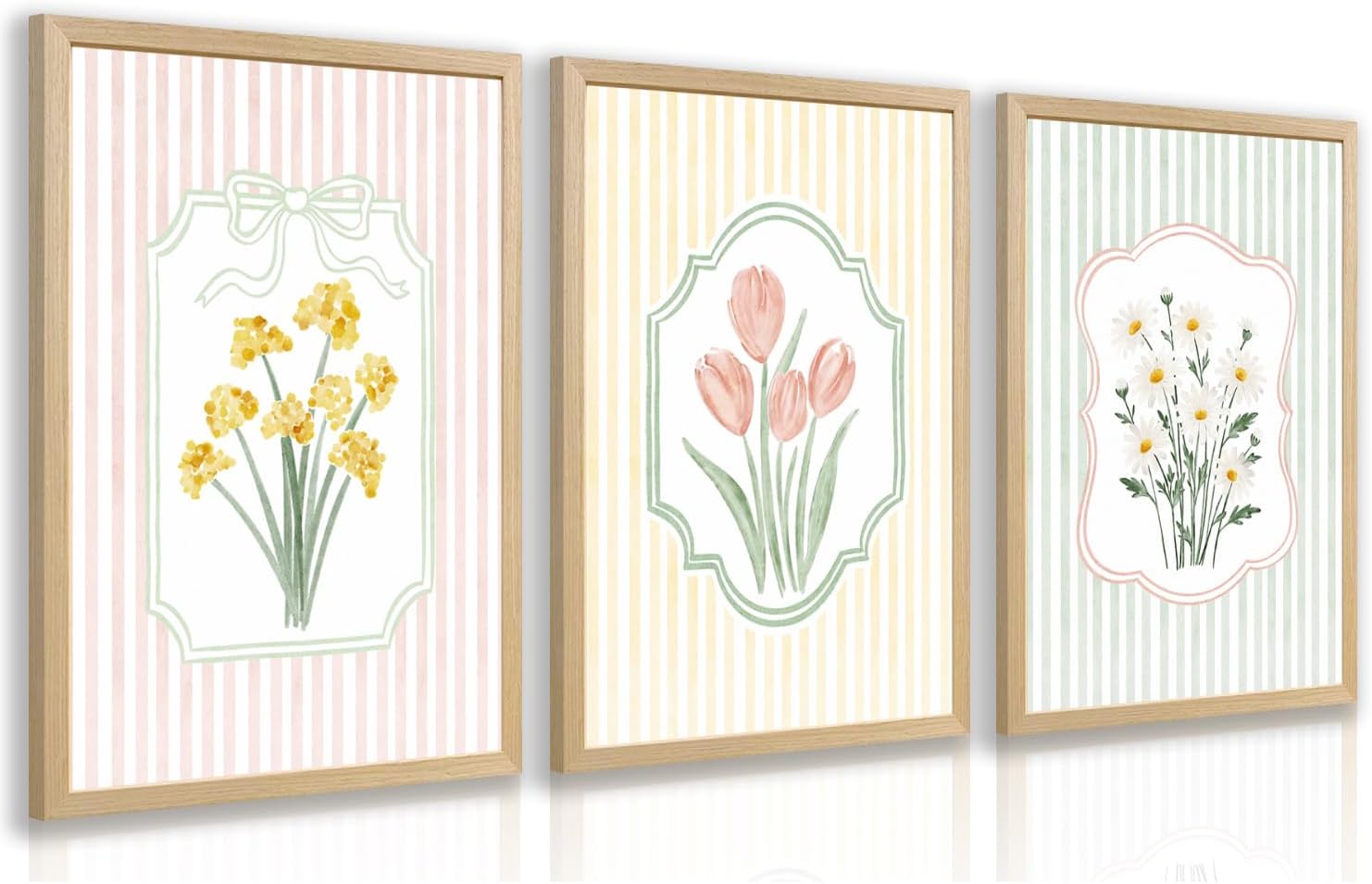 Aldernest Cottagecore Striped Floral Wall Art Set of 3, Pastel Daisy Tulip Wall Decor, 2 pounds, 16"L x 12"W, Flower