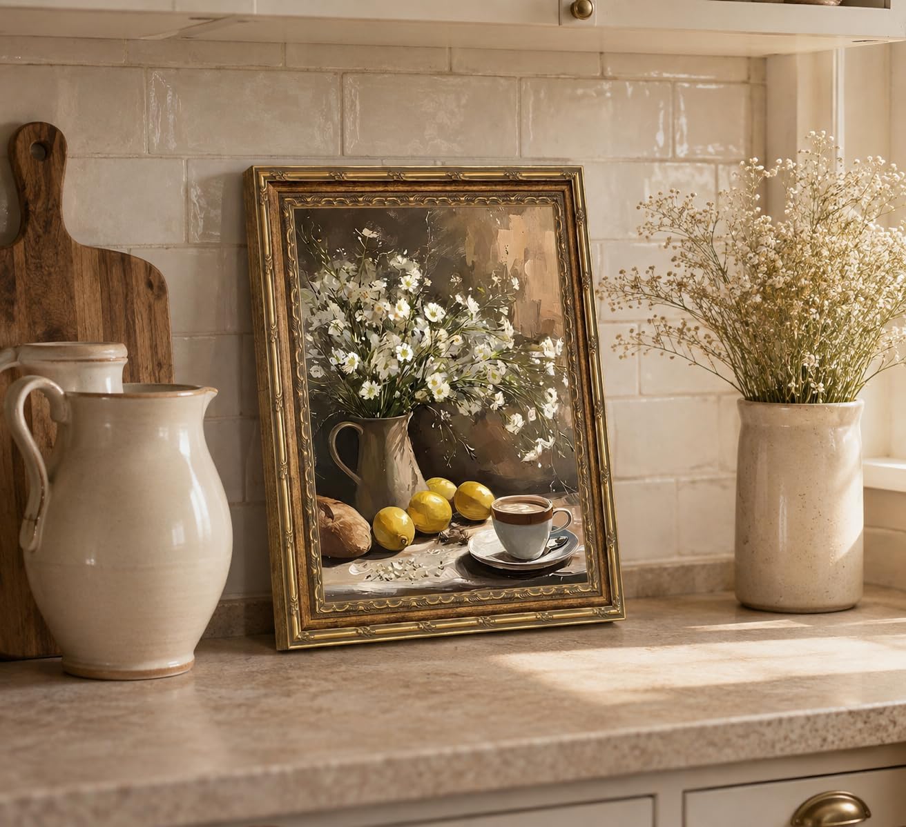 Aldernest Vintage Gold Framed Still Life Wall Art Farmhouse Rustic Lemon Kitchen Wall Decor Oil Painting Style White Flower Bouquet with Coffee Poster