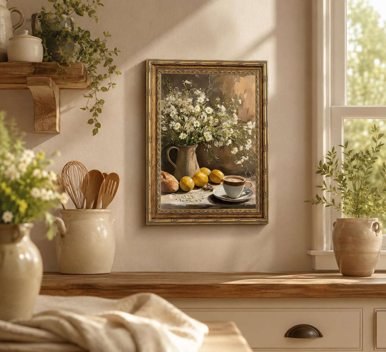 Aldernest Vintage Gold Framed Still Life Wall Art Farmhouse Rustic Lemon Kitchen Wall Decor Oil Painting Style White Flower Bouquet with Coffee Poster