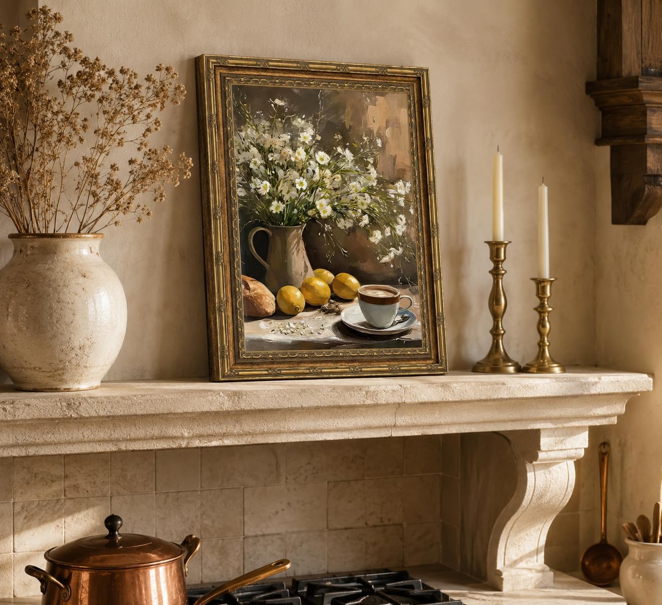 Aldernest Vintage Gold Framed Still Life Wall Art Farmhouse Rustic Lemon Kitchen Wall Decor Oil Painting Style White Flower Bouquet with Coffee Poster