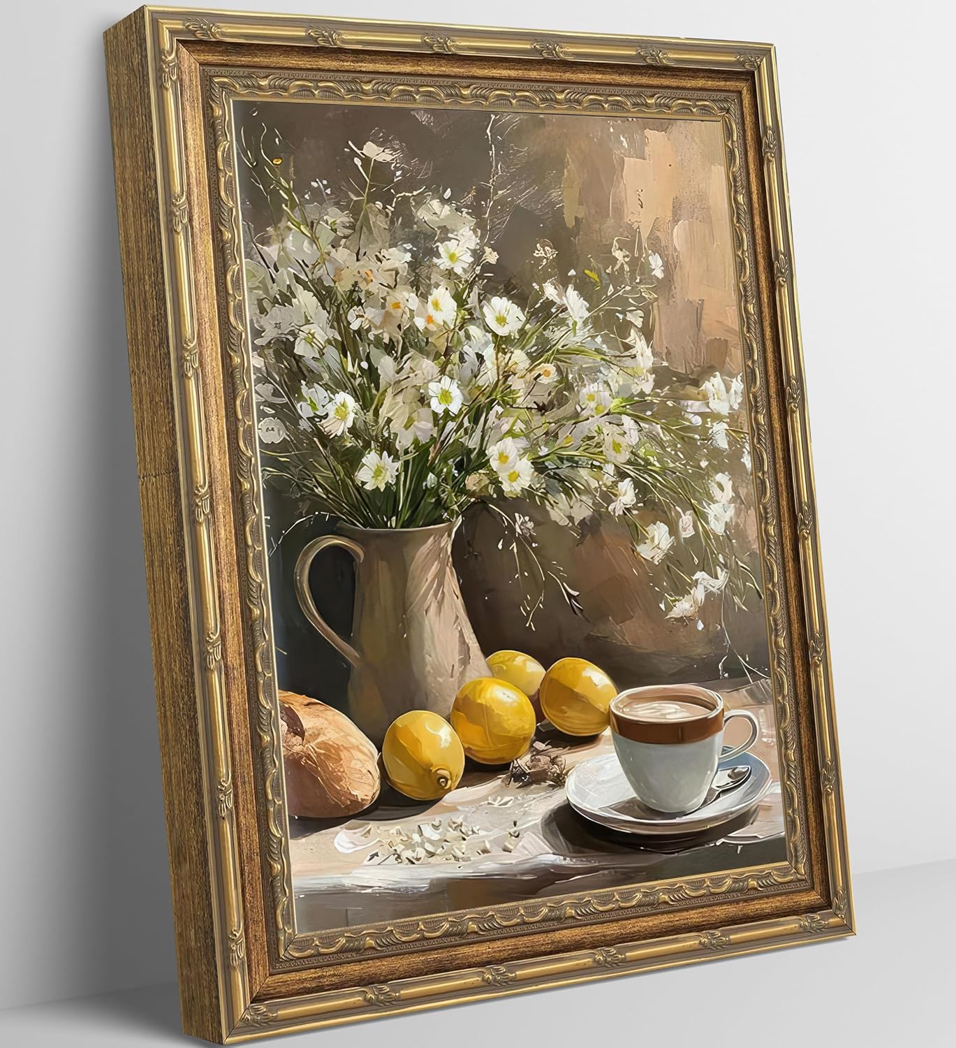 Aldernest Vintage Gold Framed Still Life Wall Art Farmhouse Rustic Lemon Kitchen Wall Decor Oil Painting Style White Flower Bouquet with Coffee Poster