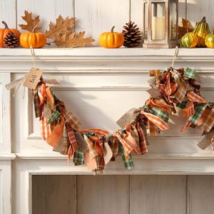 Aldernest 7ft Fall Fabric Garland Decor, Plaid Rigged Rag Tie Banner, 6 ft total length, Orange, Green, Brown