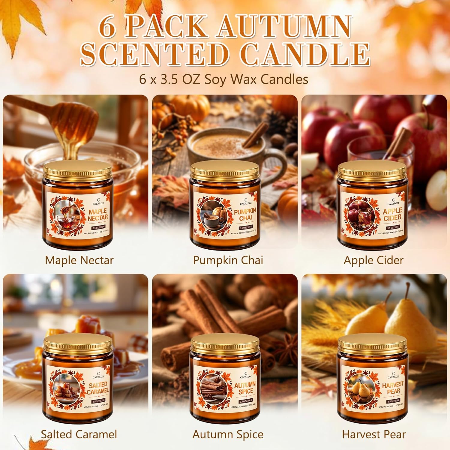 Aldernest Fall Candles Set, Scented Candles for Home, Gift Ready, 6 x 3.5oz, 4 Count