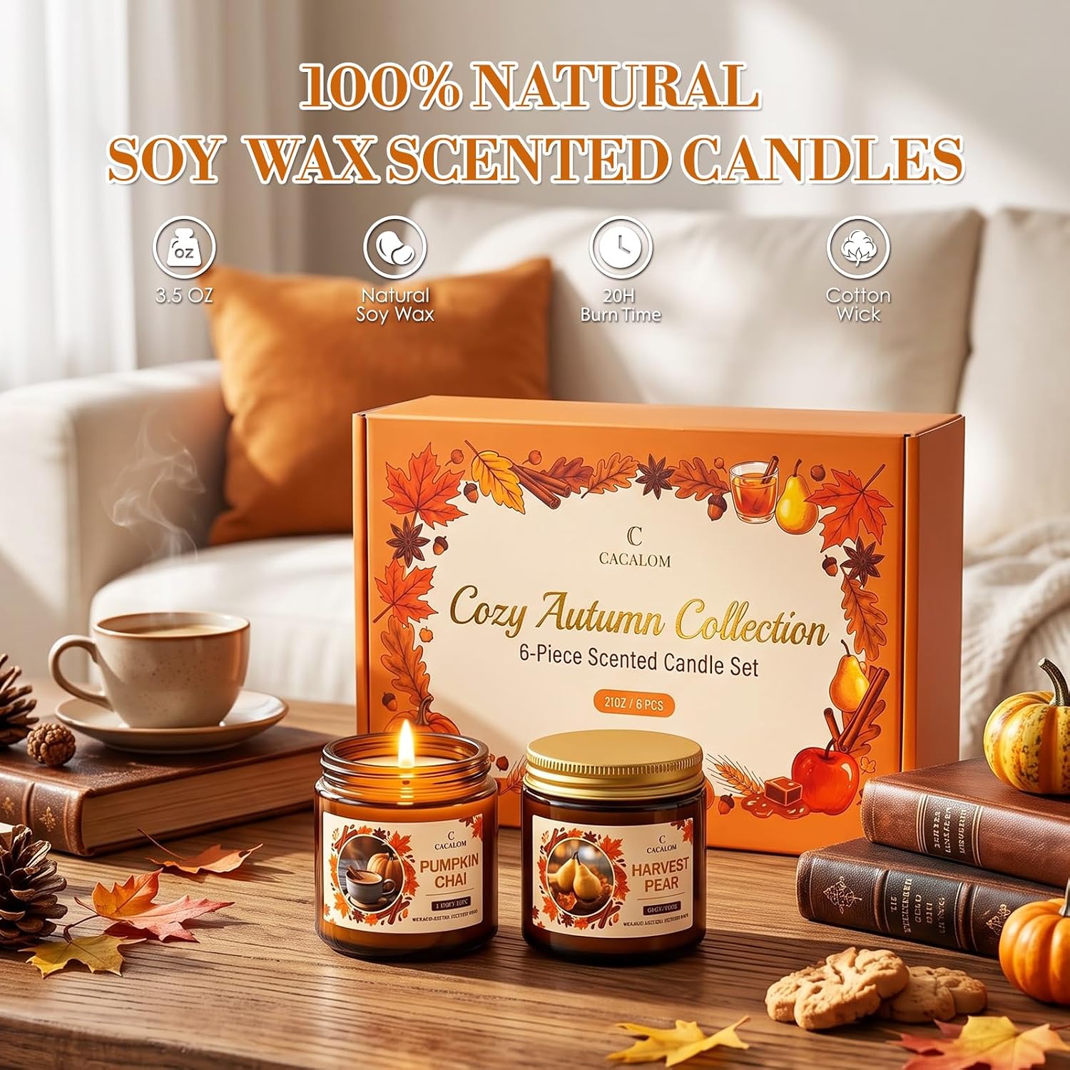 Aldernest Fall Candles Set, Scented Candles for Home, Gift Ready, 6 x 3.5oz, 4 Count