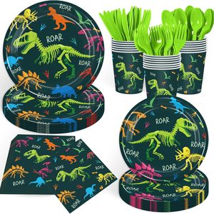 Ashenby 168PCS Dinosaur Party Supllies for Birthday Cartoon Dino Theme Party Decorations Paper Plates Cups Napkins Forks Tableware for Boys Picnic