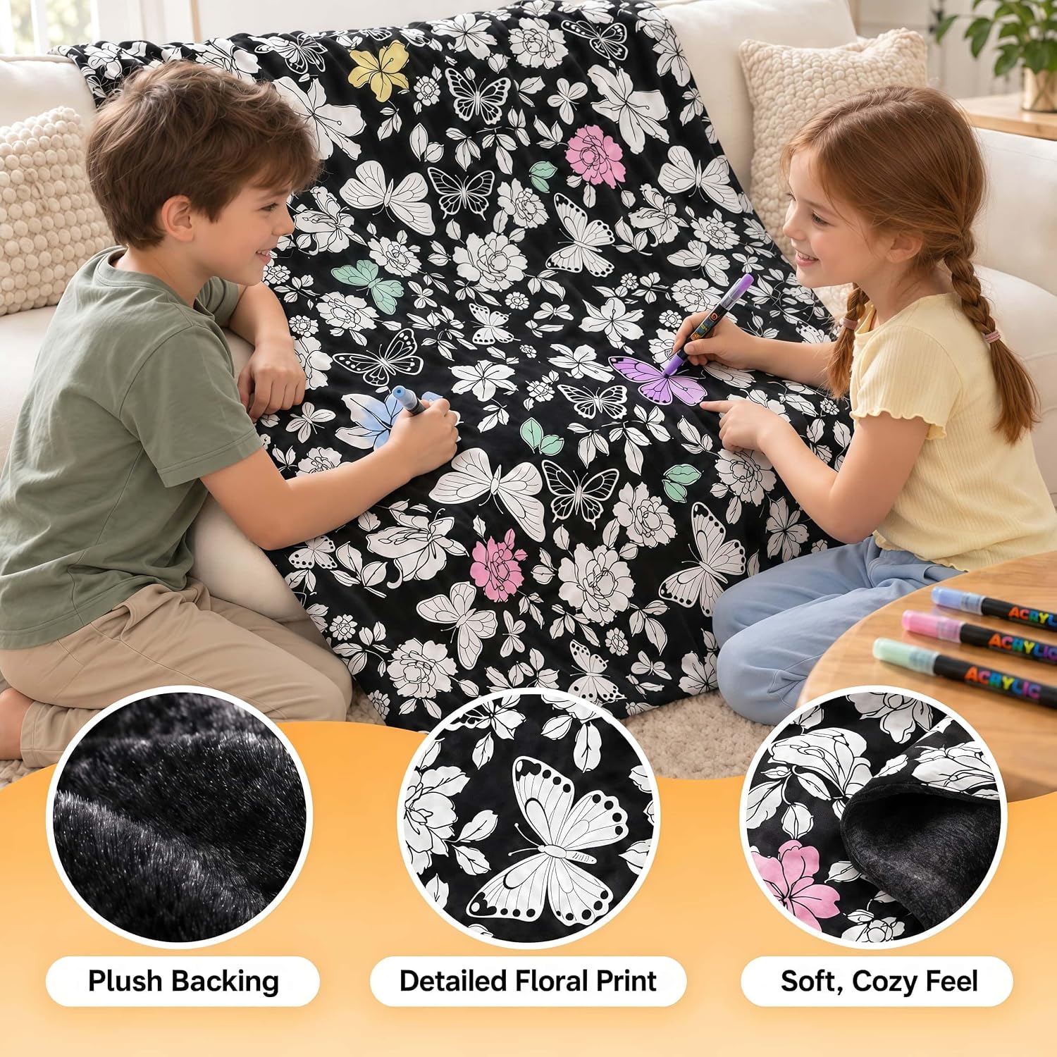 VelloHome Flower Coloring Blanket with Markers - 48"x56" Cozy Velvet Craft Kit, Black