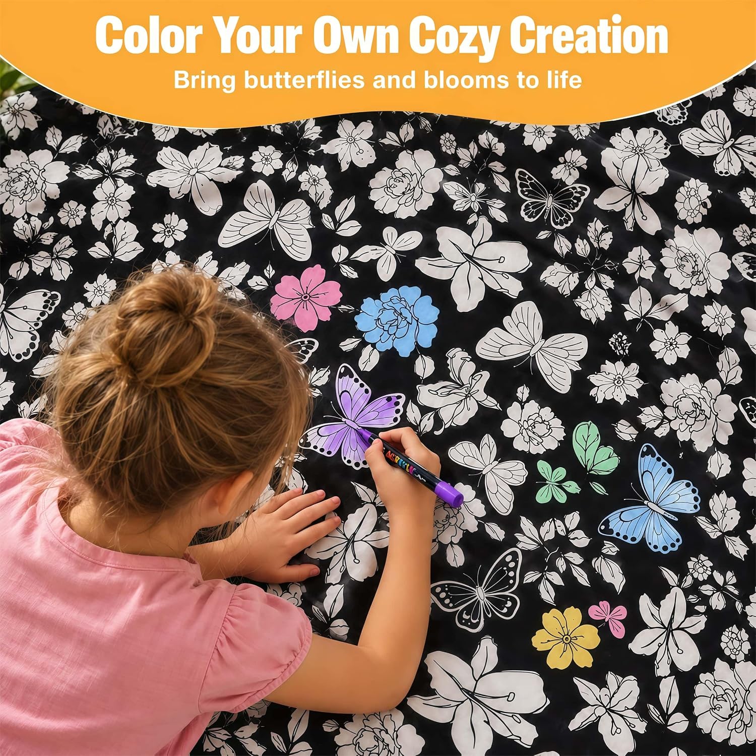 VelloHome Flower Coloring Blanket with Markers - 48"x56" Cozy Velvet Craft Kit, Black