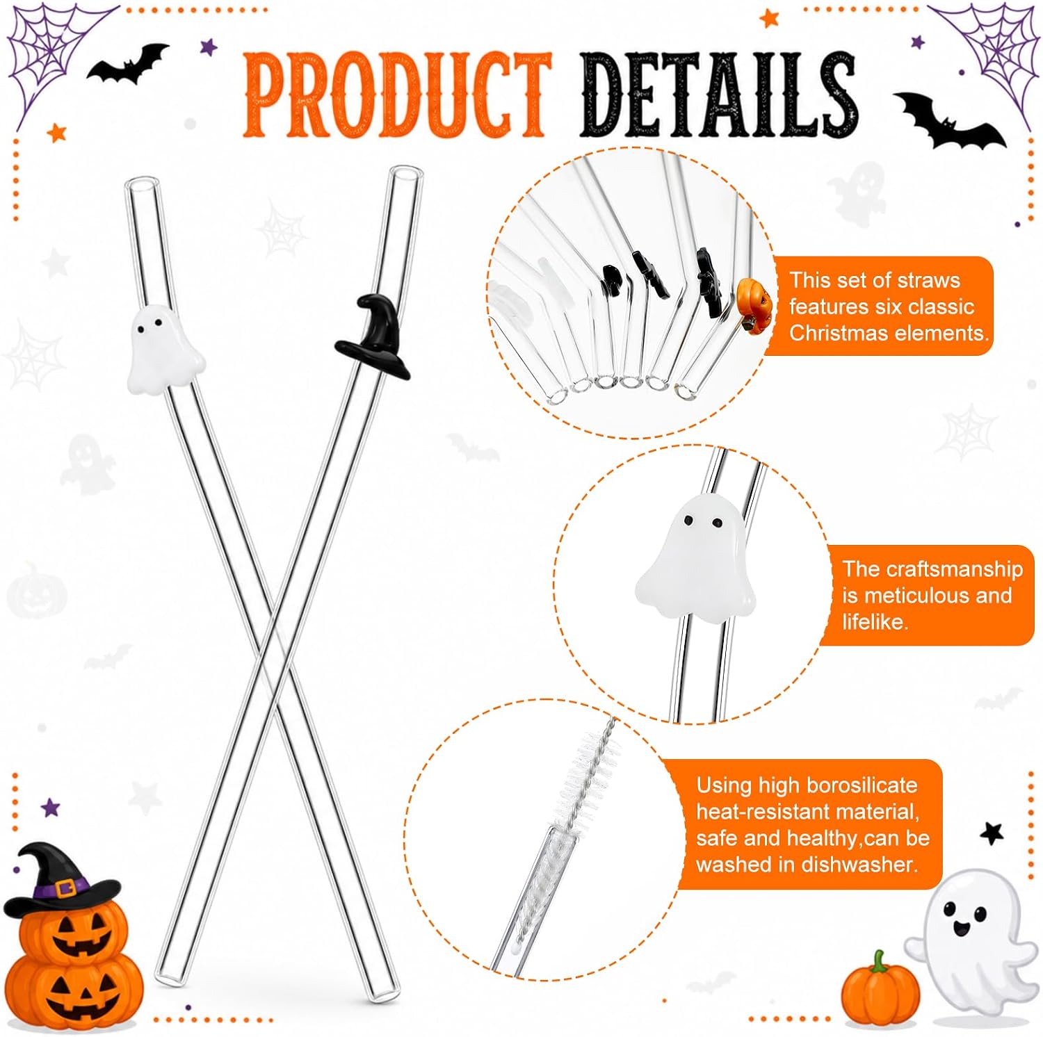 Aldernest 6 Pcs Halloween Glass Straw Reusable Shatter Resistant Drink Straw, 5.28 ounces, about 20 cm