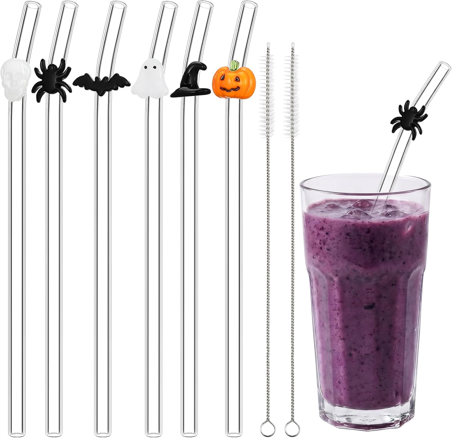 Aldernest 6 Pcs Halloween Glass Straw Reusable Shatter Resistant Drink Straw, 5.28 ounces, about 20 cm