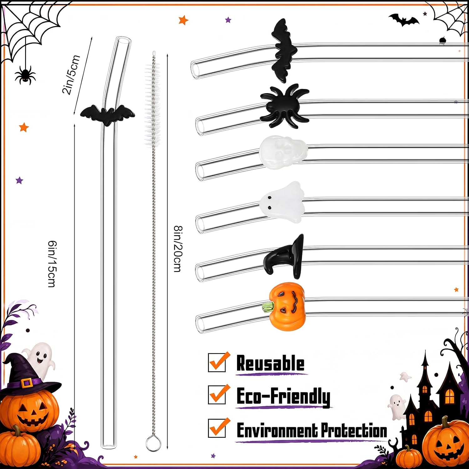 Aldernest 6 Pcs Halloween Glass Straw Reusable Shatter Resistant Drink Straw, 5.28 ounces, about 20 cm