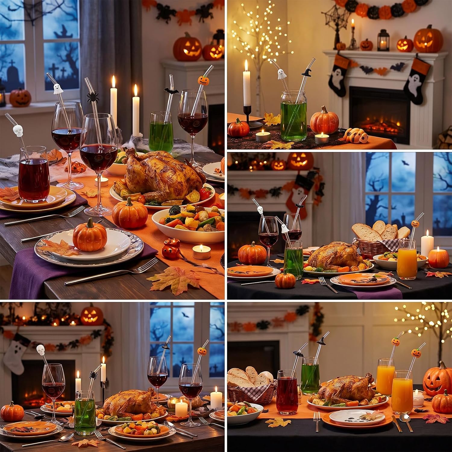 Aldernest 6 Pcs Halloween Glass Straw Reusable Shatter Resistant Drink Straw, 5.28 ounces, about 20 cm