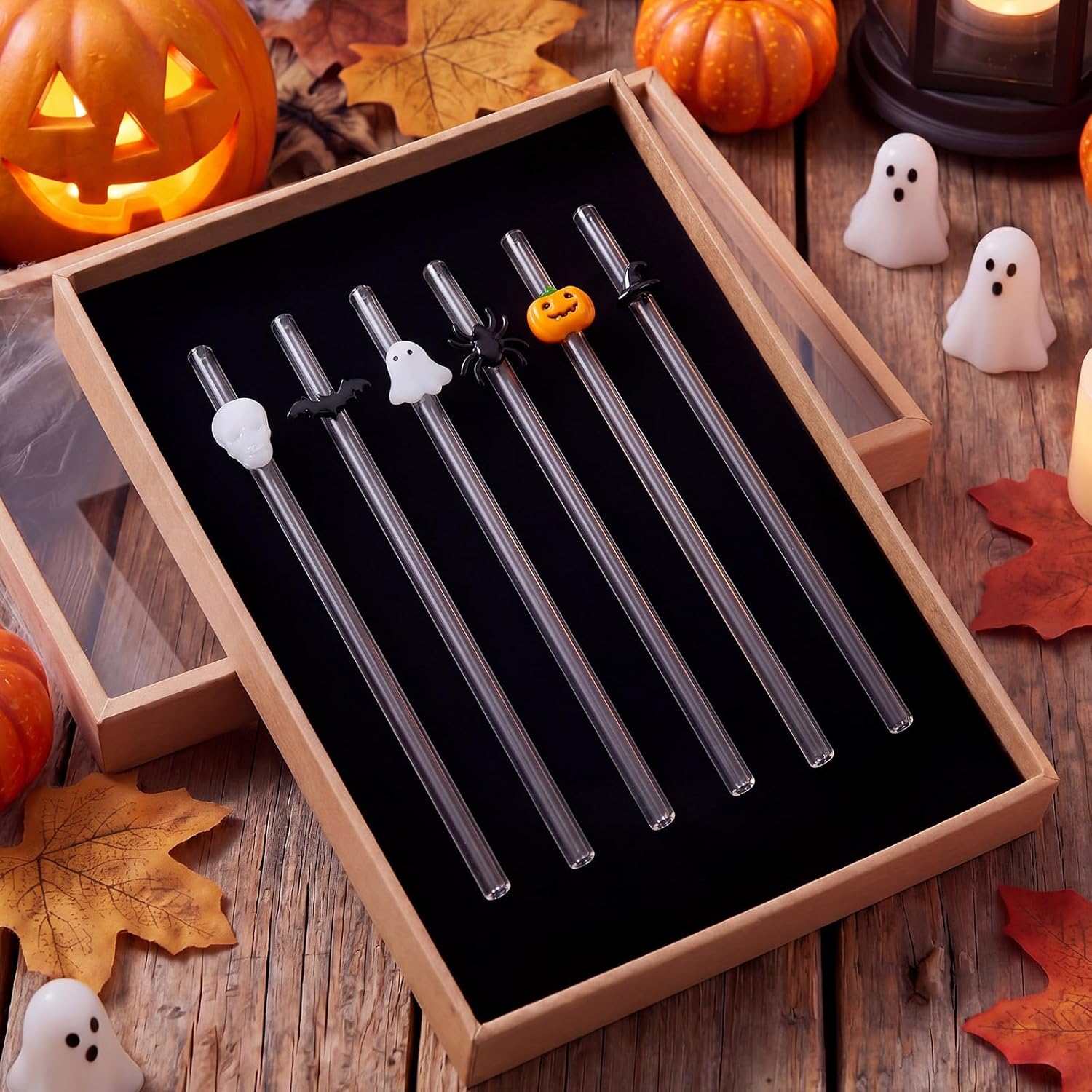 Aldernest 6 Pcs Halloween Glass Straw Reusable Shatter Resistant Drink Straw, 5.28 ounces, about 20 cm