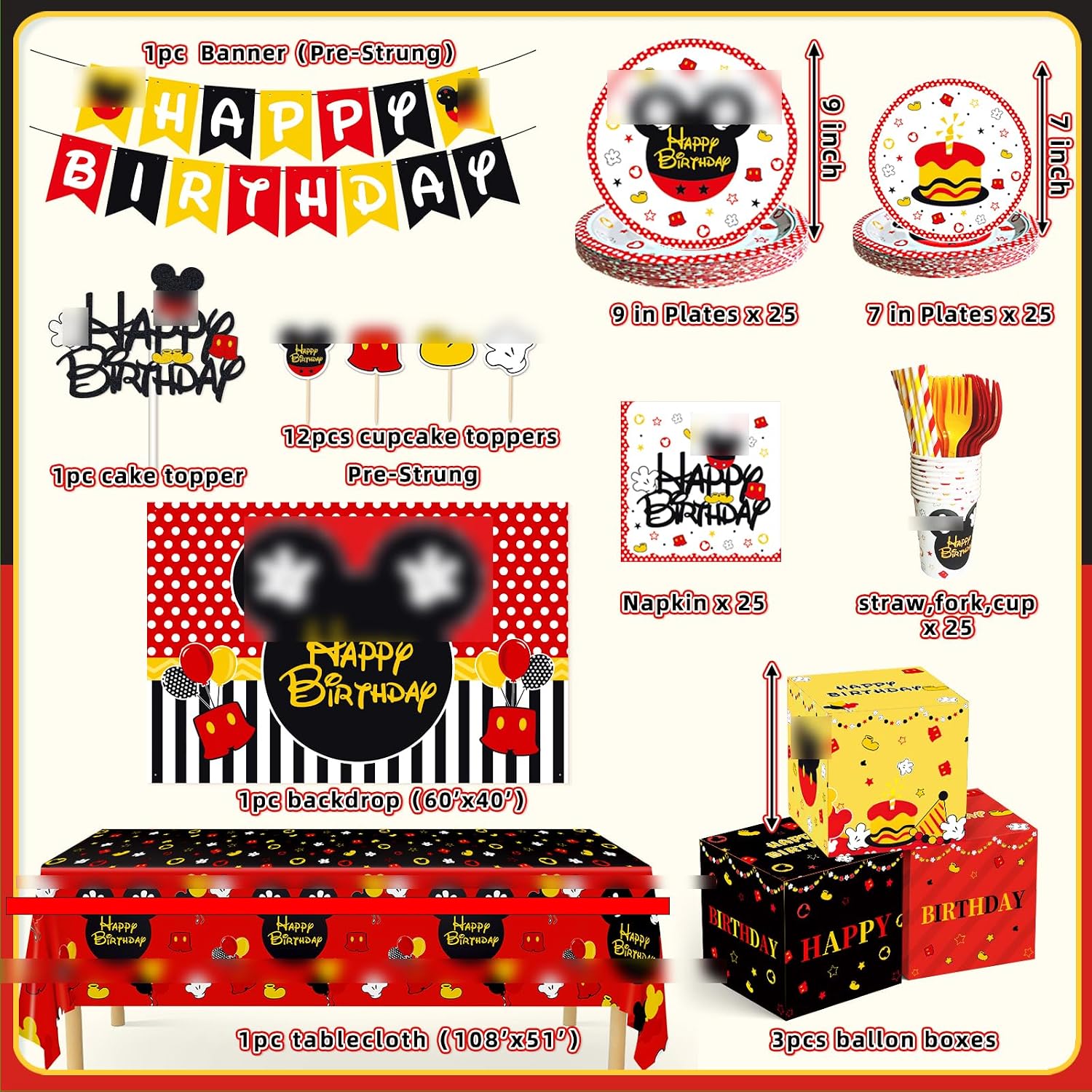 VelloHome 263PCS Mouse Happy Birthday Party Decorations, Red Black