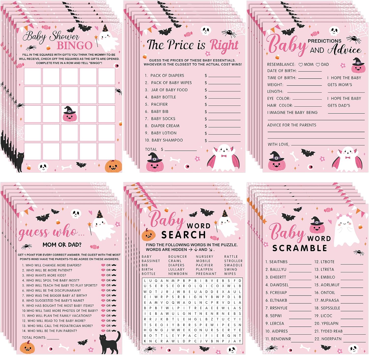 Oakmere 302 Pcs Halloween Pink Ghost Baby Shower Games, 6 Halloween Baby Game, 1.58 pounds