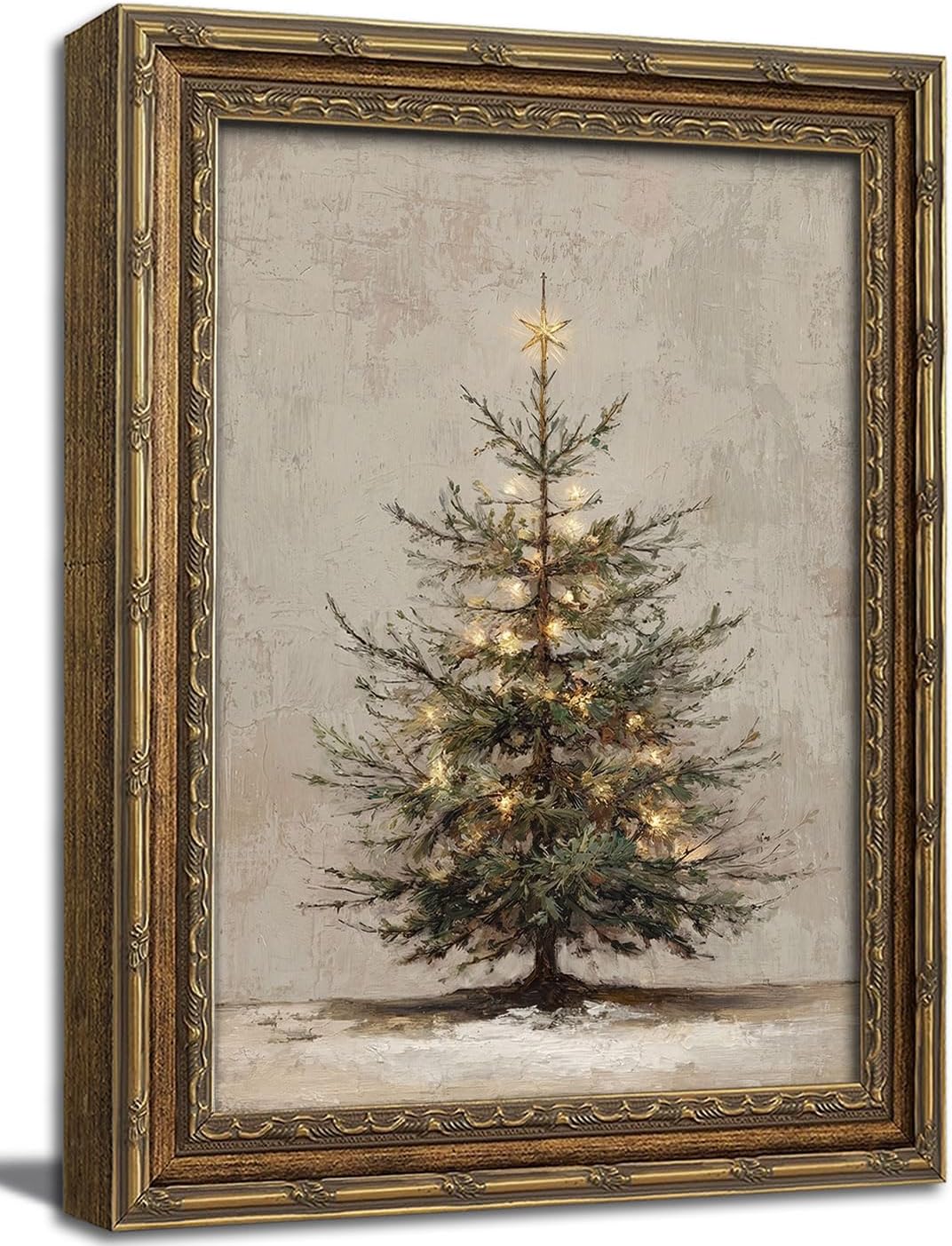 Aldernest Gold Framed Wall Art Vintage Christmas Tree Canvas Print Neutral Farmhouse Winter Holiday Decor Picture Rustic Fir Tree Artwork for Living