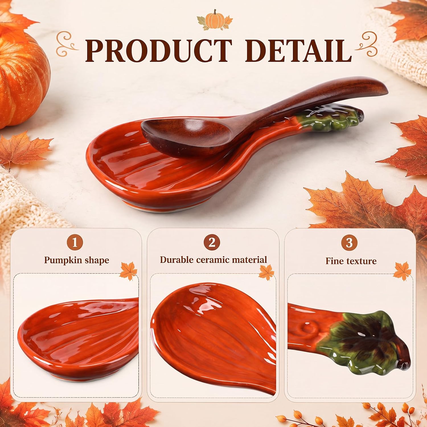 Aldernest 2 Pcs Fall Pumpkin Spoon Rest 5.9" Ceramic, Orange