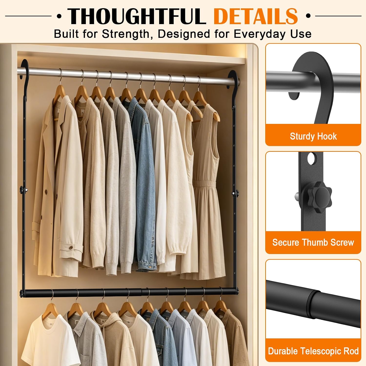 Aldernest Adjustable Closet Rod for Hanging Clothes 2Pack Hanging Closet Rod Extender, 0.8 kg