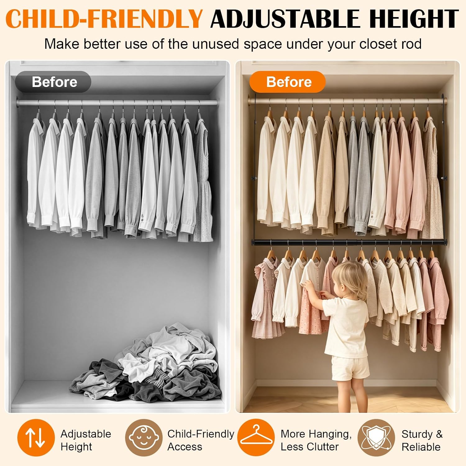Aldernest Adjustable Closet Rod for Hanging Clothes 2Pack Hanging Closet Rod Extender, 0.8 kg