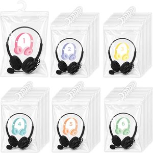Ashenby 36 Pack Classroom Headphone Bags 9 x 11.8 inch Pastel PVC Clear Plastic Organizer Hook Hanging Storage Bags with Headphone Number Stickers