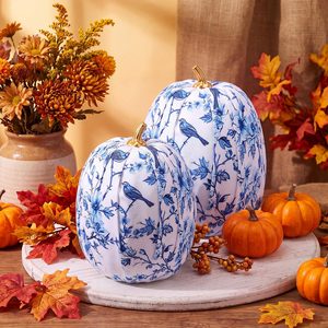 Aldernest 2 Pcs Jumbo Fall Chinoiserie Pumpkin Foam Fabric Mantel Decor, Mainly Blue, White