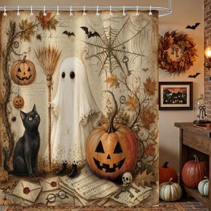 Aldernest Halloween Ghost Shower Curtain 72x72 Inch, 72"W x 72"L (Pack of 1), Grey Black