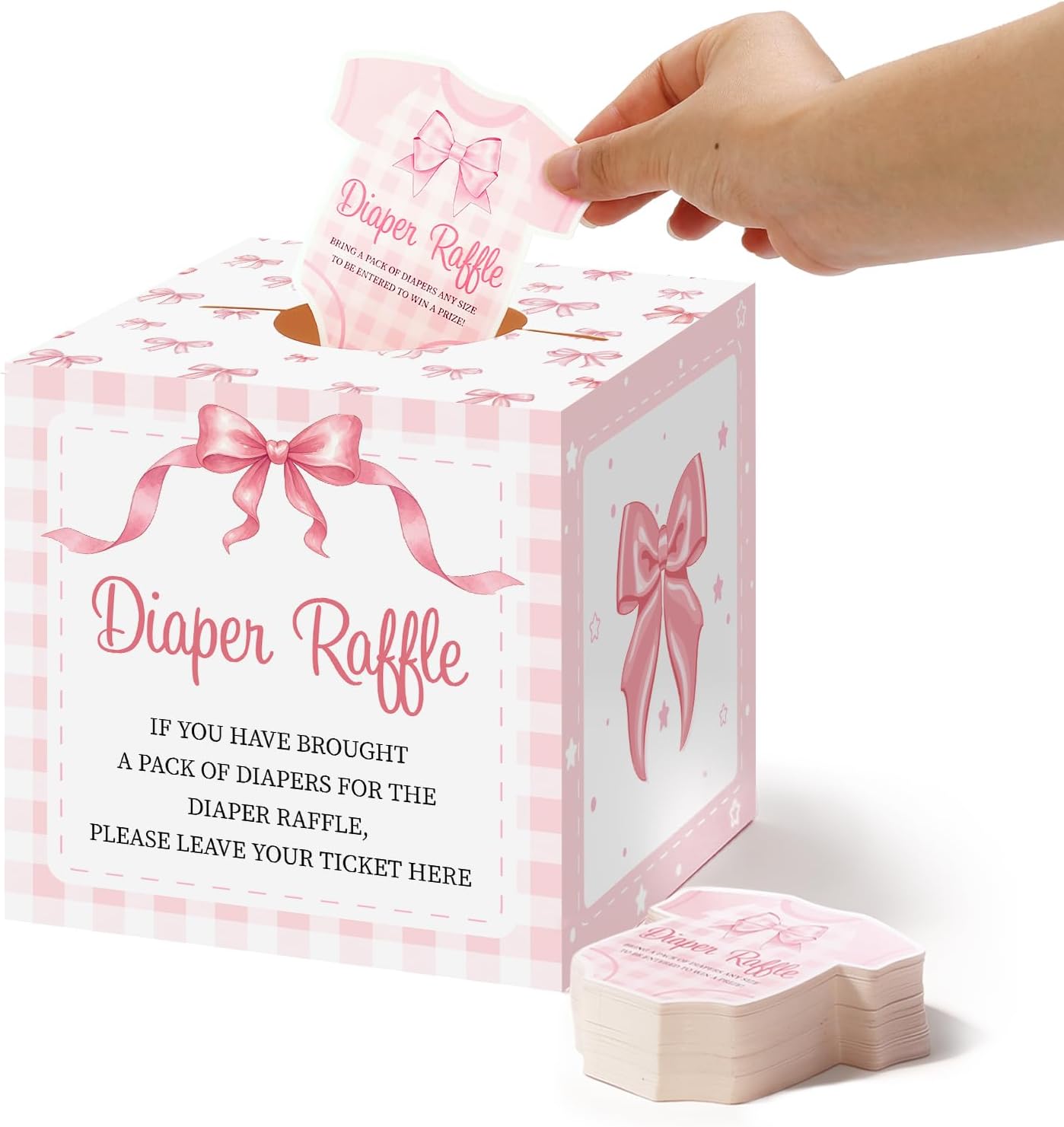 Oakmere 51Pcs Diaper Raffle Tickets with Card Box, Pink Bow Baby Shower Game, 6.7 ounces