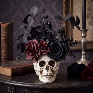 Aldernest Halloween Gothic Centerpieces for Table Skull Flower Arrangement, 4.8 ounces, Black, Red