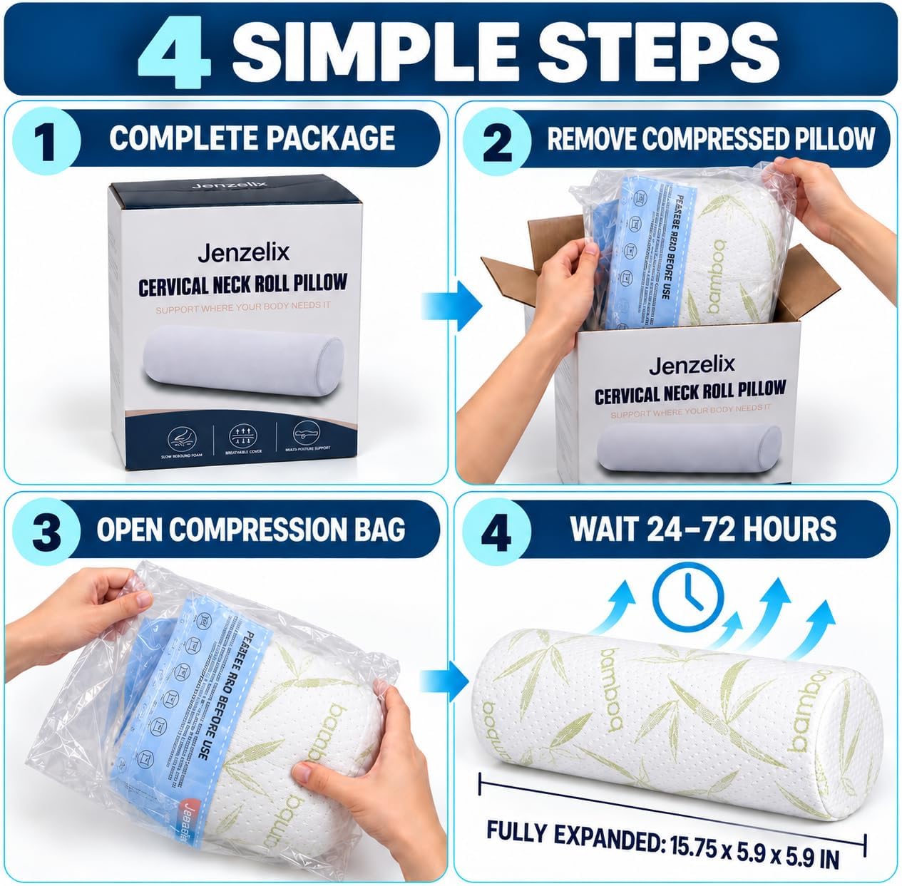 Aldernest Cervical Neck Roll Pillow, Memory Foam Bolster for Neck Support, 15.75*5.9 inches, Off White Print