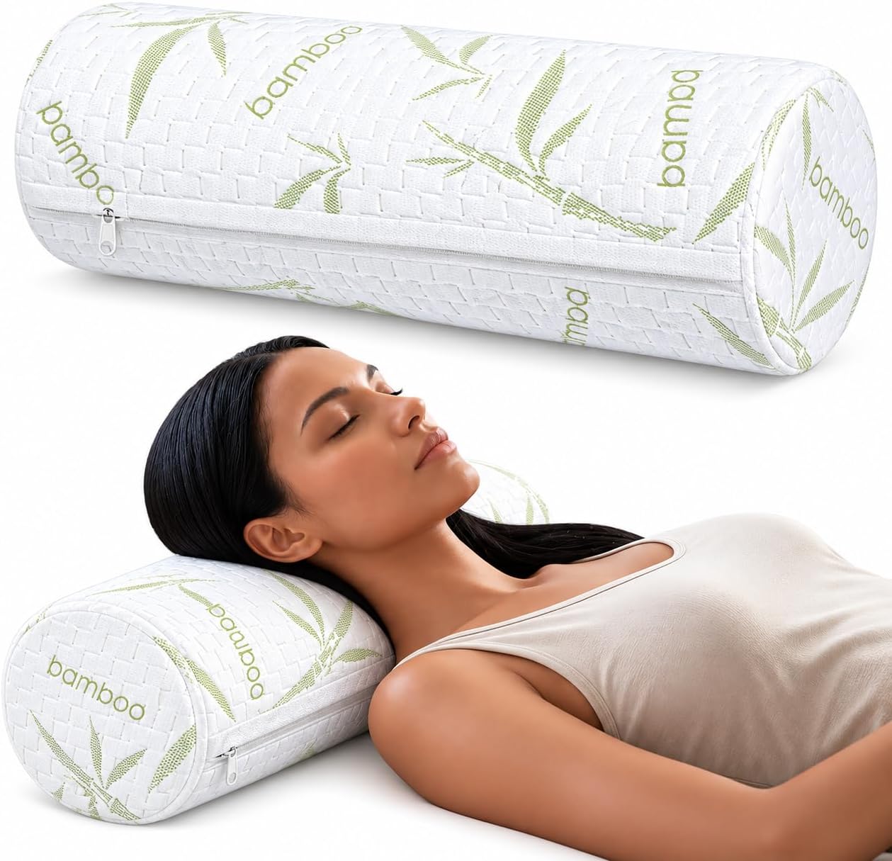 Aldernest Cervical Neck Roll Pillow, Memory Foam Bolster for Neck Support, 15.75*5.9 inches, Off White Print