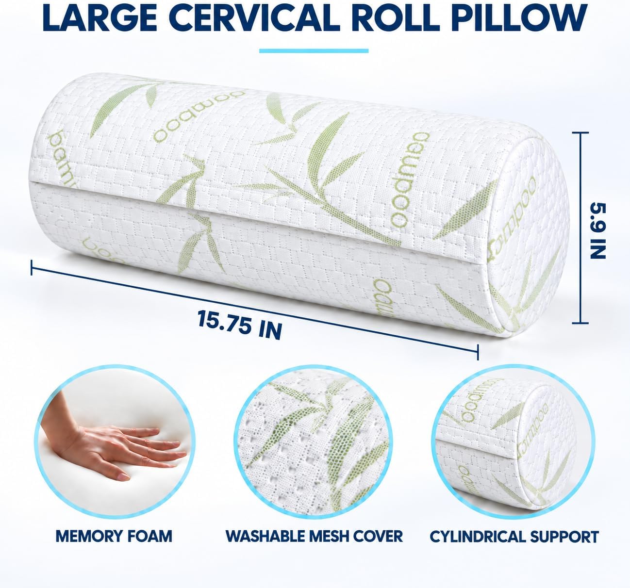 Aldernest Cervical Neck Roll Pillow, Memory Foam Bolster for Neck Support, 15.75*5.9 inches, Off White Print