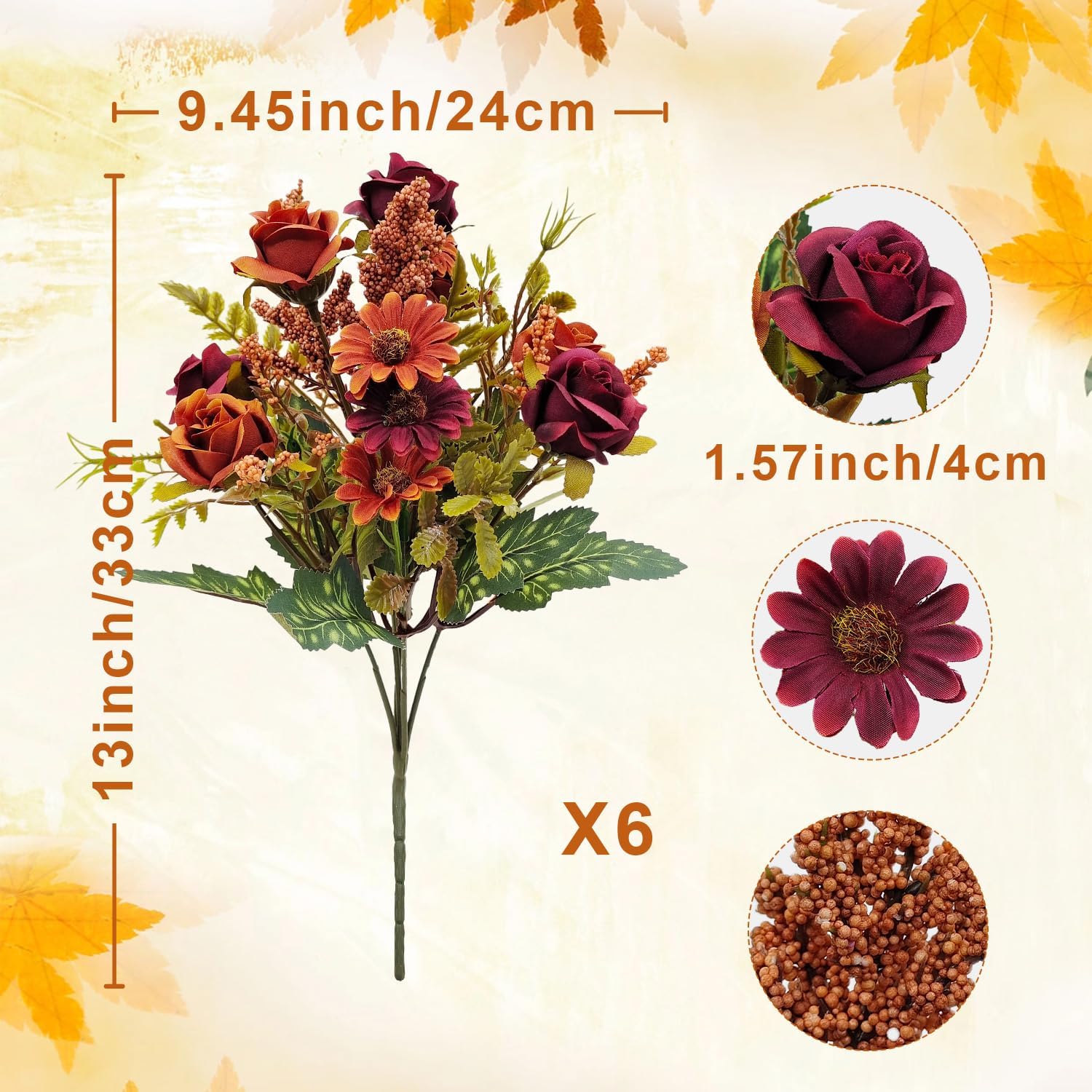 Aldernest Fall Flowers Artificial for Decoration, Fall Red, 6 Count