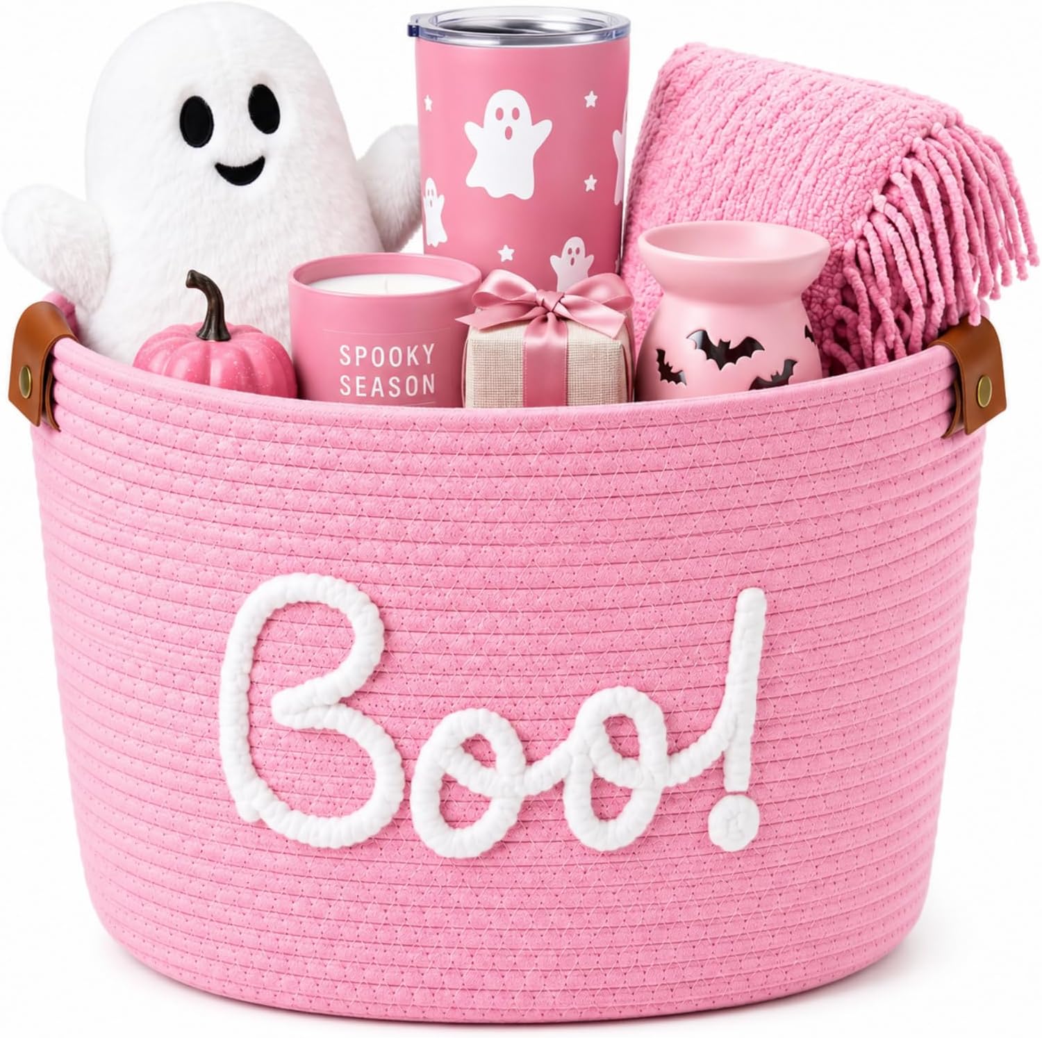 Aldernest Pink Large Halloween Boo Basket with Handles, 15 Inch