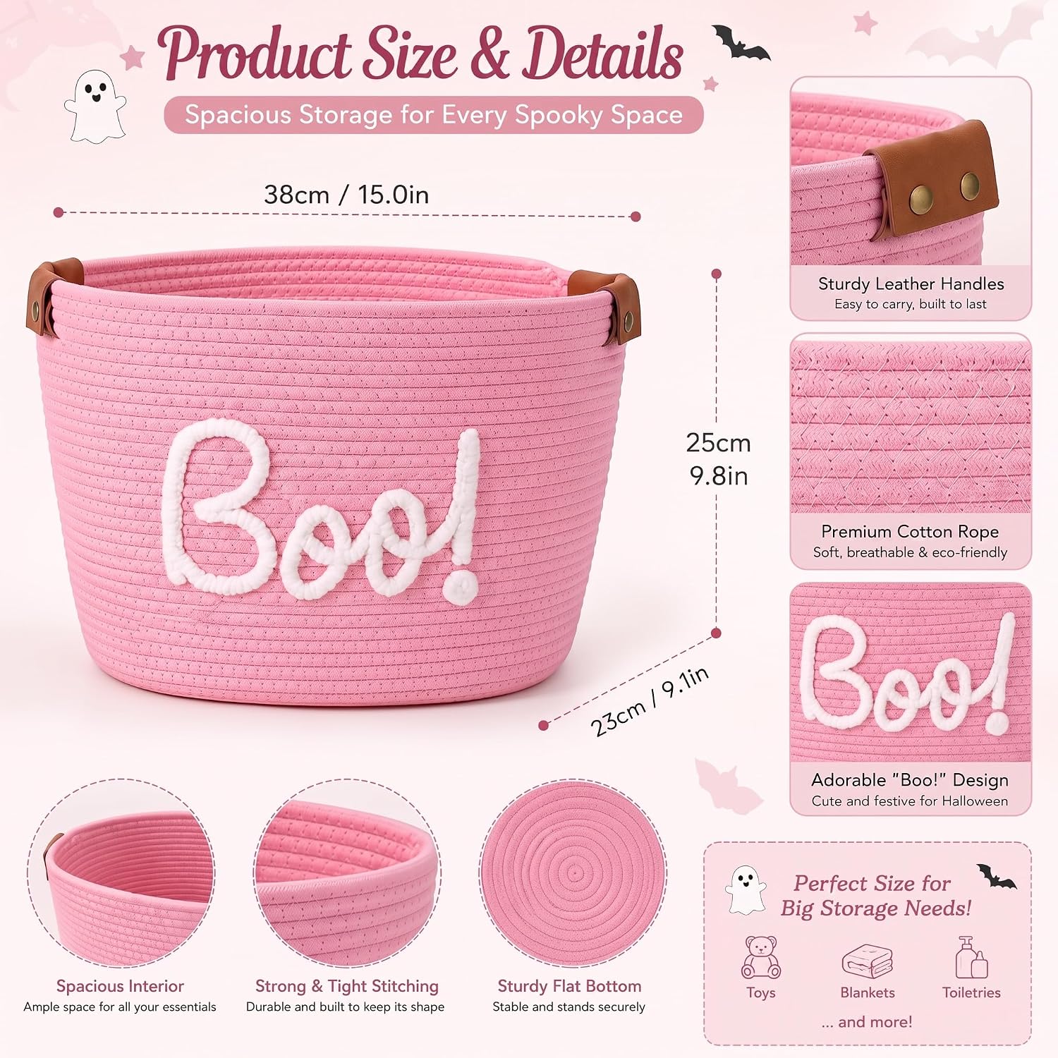Aldernest Pink Large Halloween Boo Basket with Handles, 15 Inch