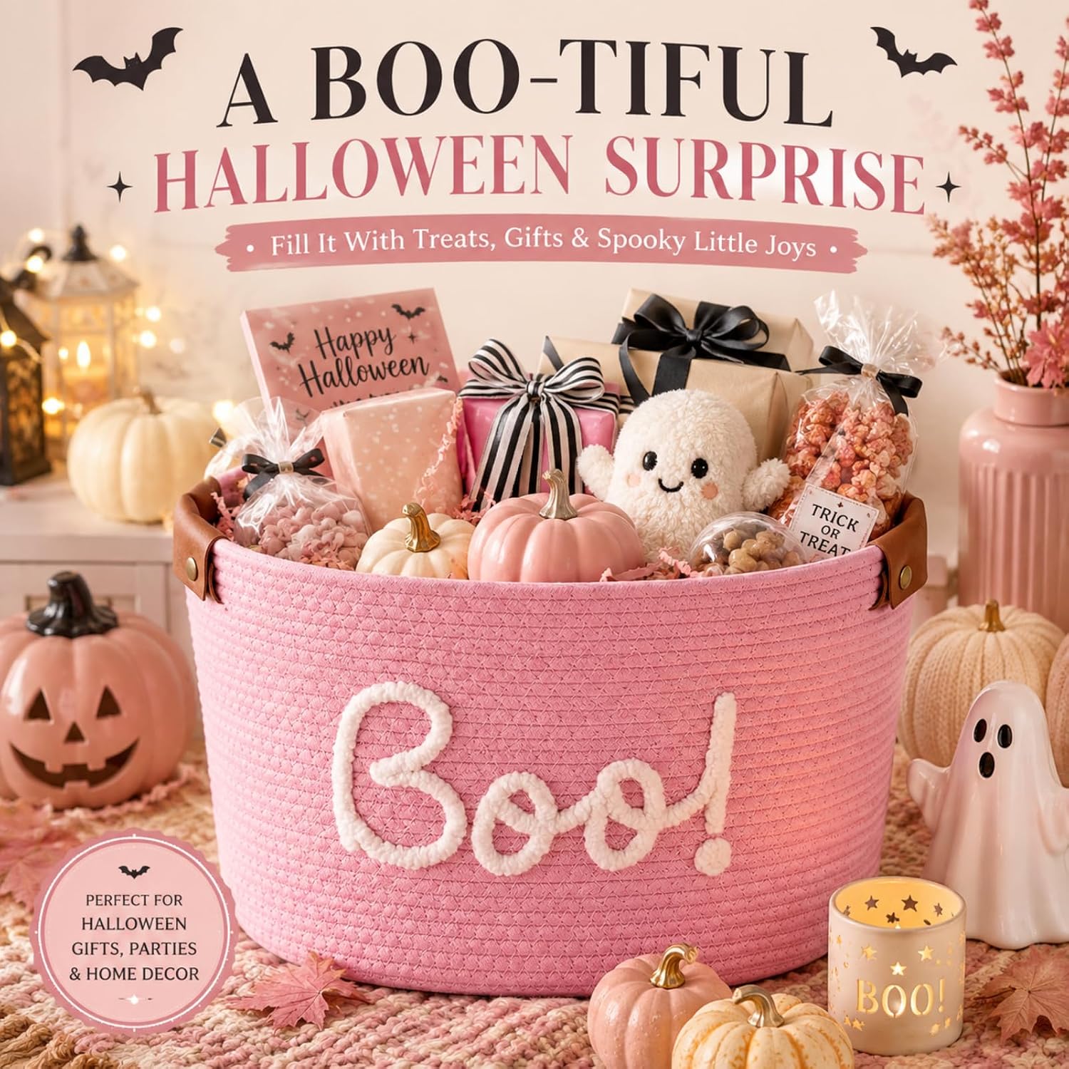 Aldernest Pink Large Halloween Boo Basket with Handles, 15 Inch