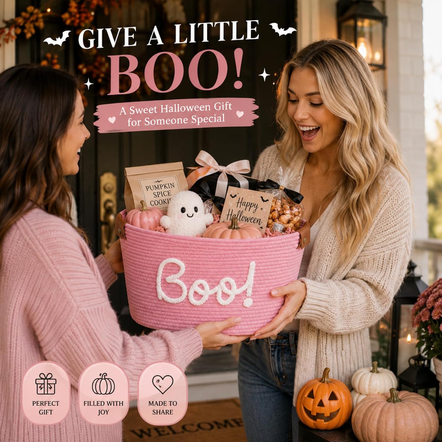 Aldernest Pink Large Halloween Boo Basket with Handles, 15 Inch