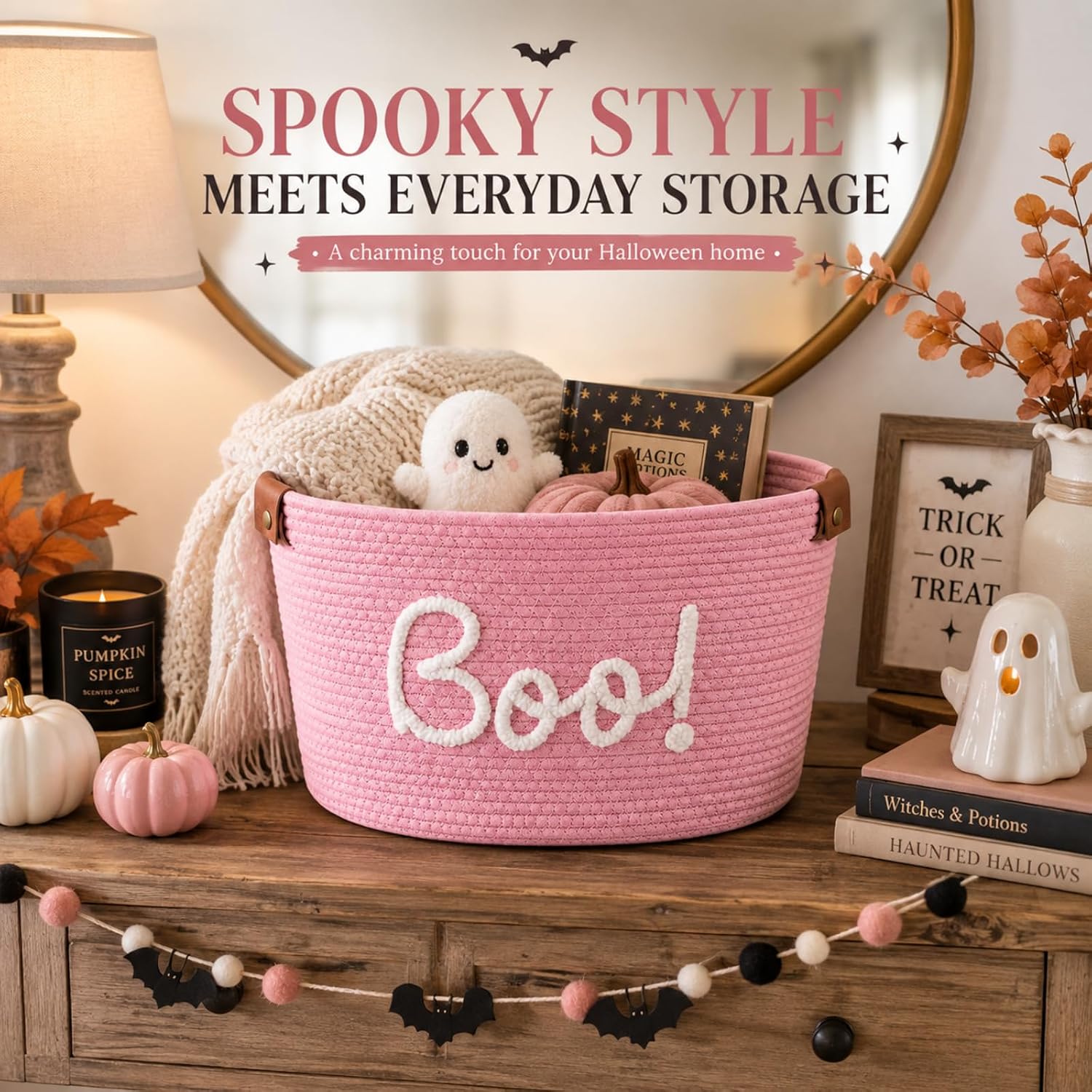 Aldernest Pink Large Halloween Boo Basket with Handles, 15 Inch