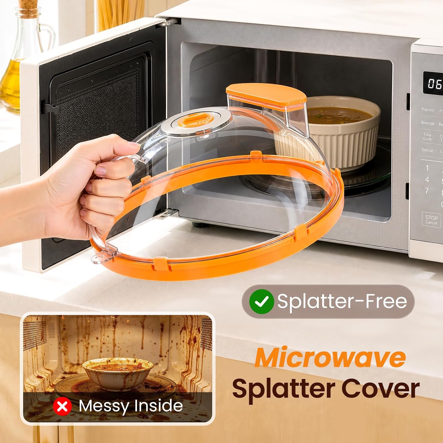 Aldernest Microwave Splatter Cover for Food with Water Steamer 10inch, Food-Grade, Orange
