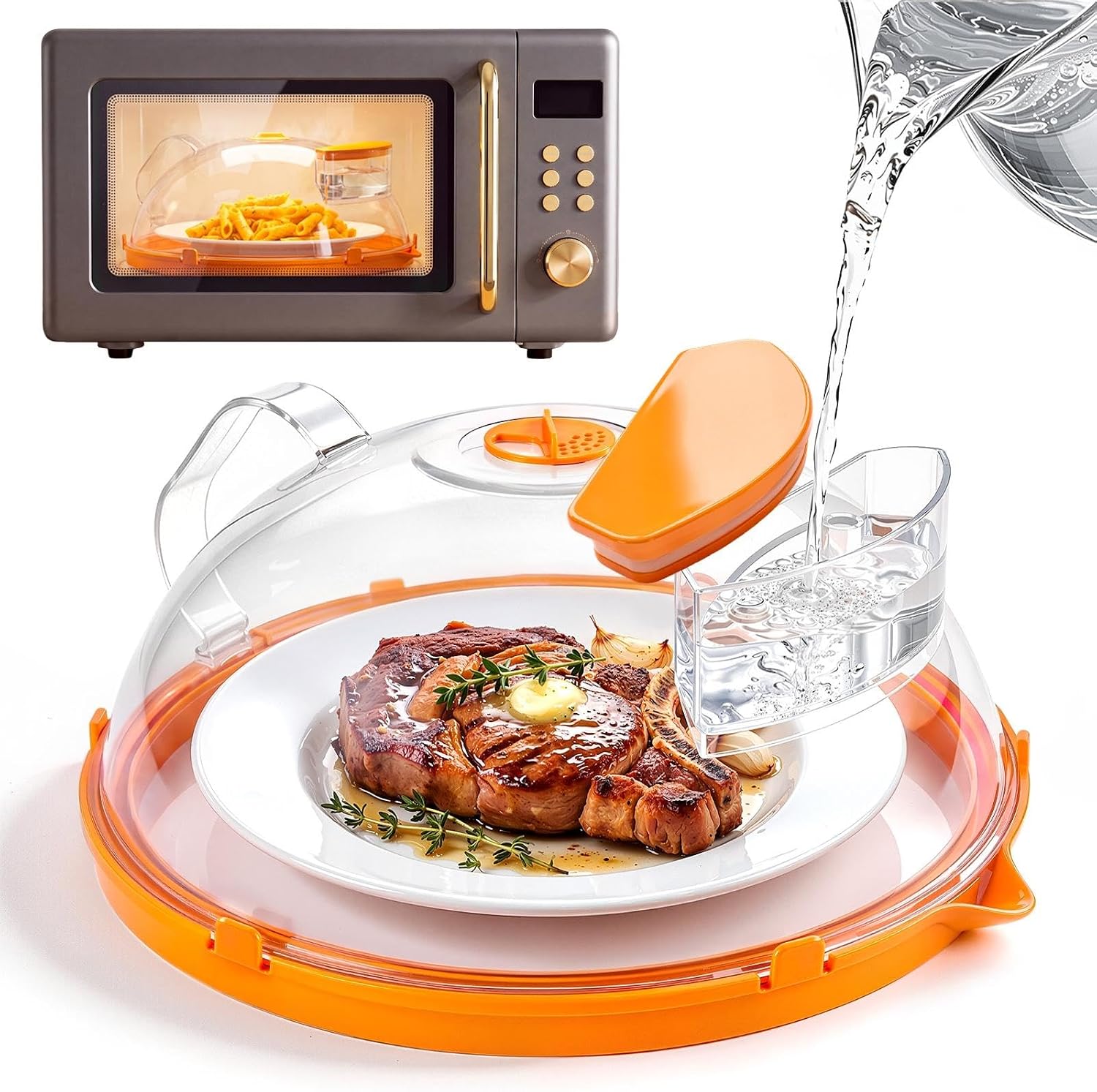 Aldernest Microwave Splatter Cover for Food with Water Steamer 10inch, Food-Grade, Orange