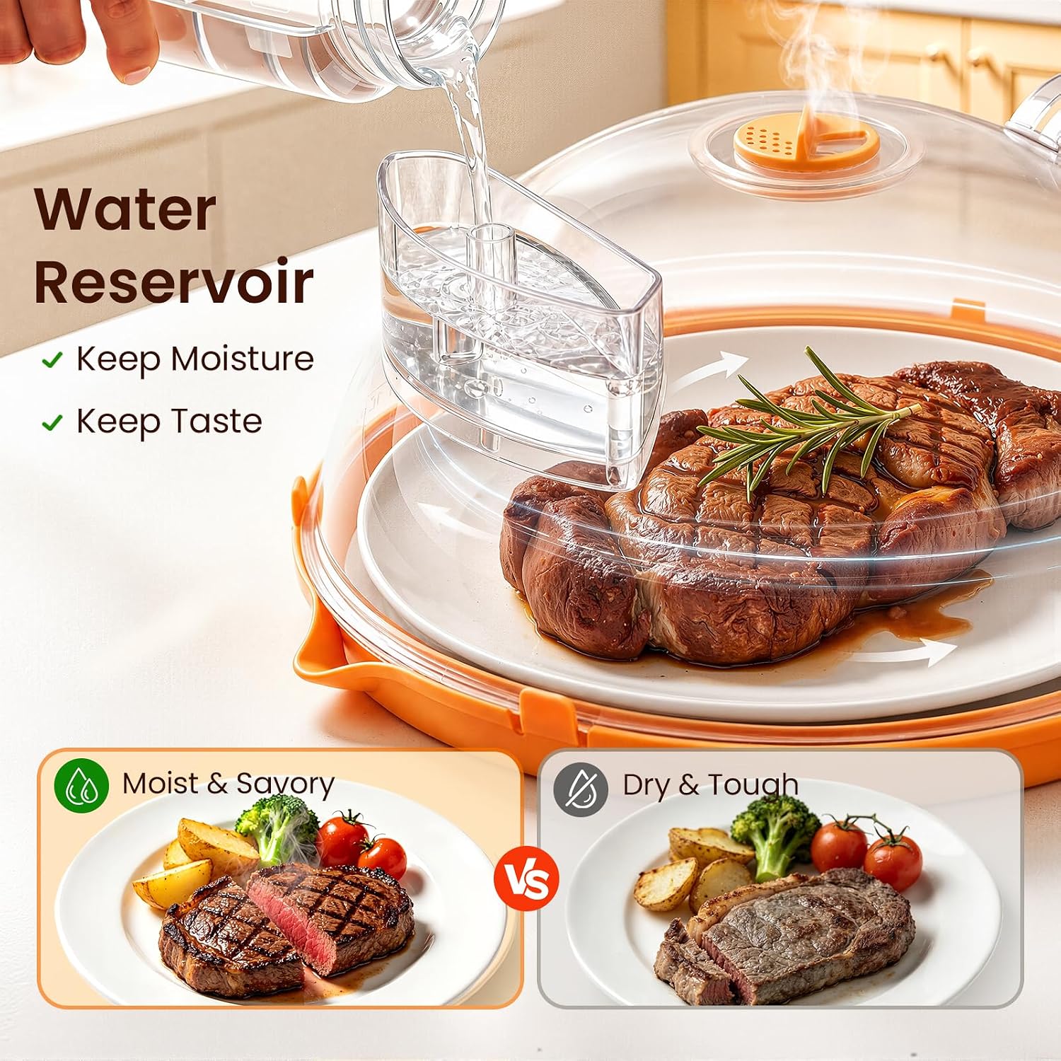 Aldernest Microwave Splatter Cover for Food with Water Steamer 10inch, Food-Grade, Orange