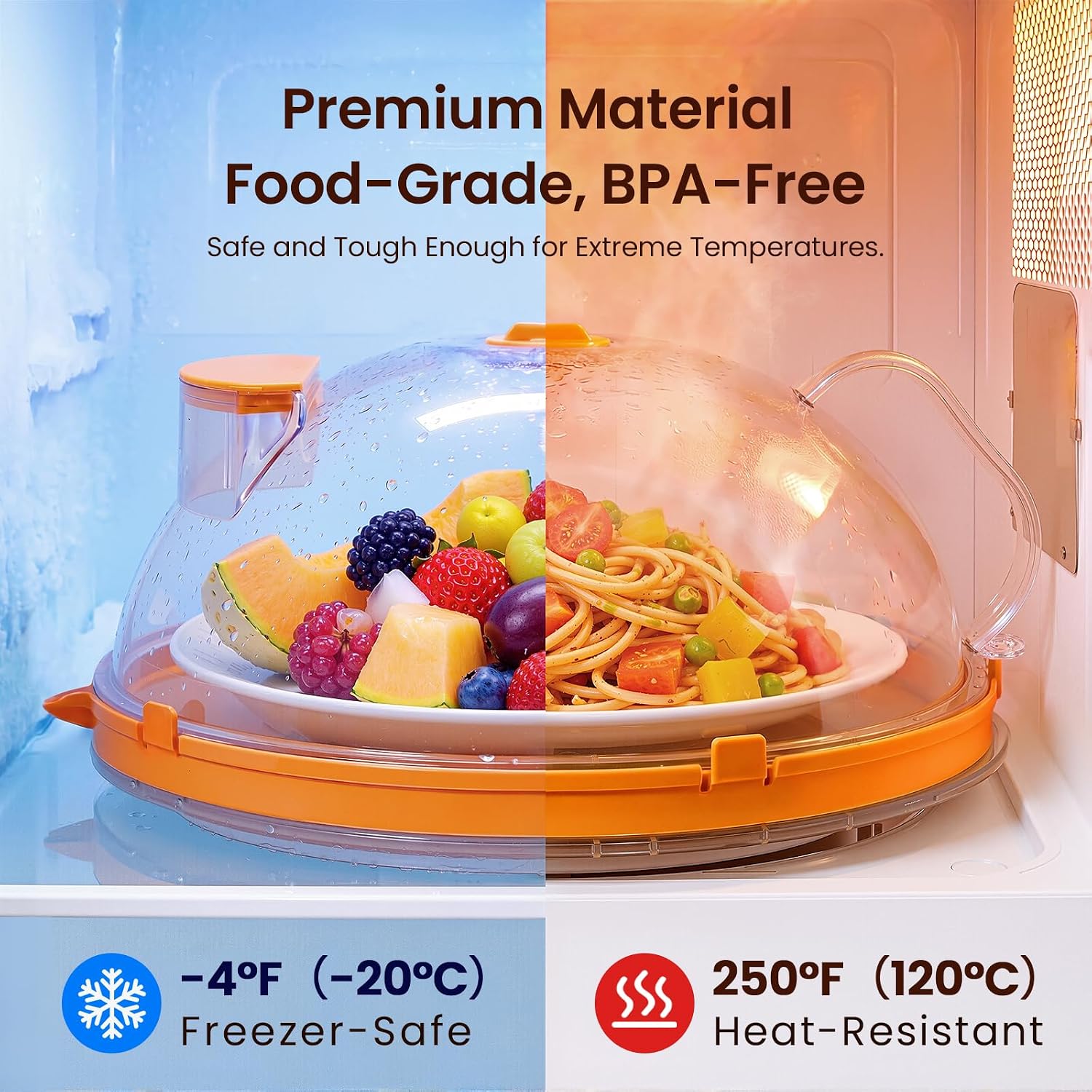 Aldernest Microwave Splatter Cover for Food with Water Steamer 10inch, Food-Grade, Orange