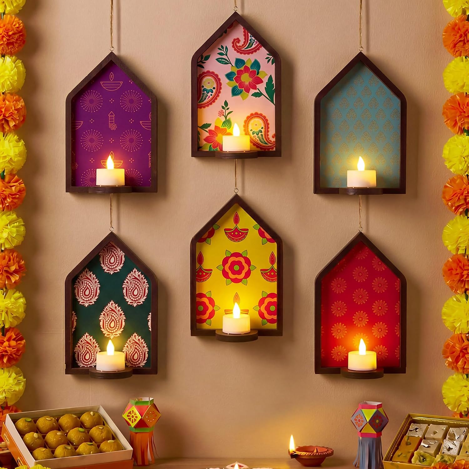 Ashenby 6pcs Diwali Tealight Candle Holder Diwali Decoration Jharokha Design, 1.2 pounds