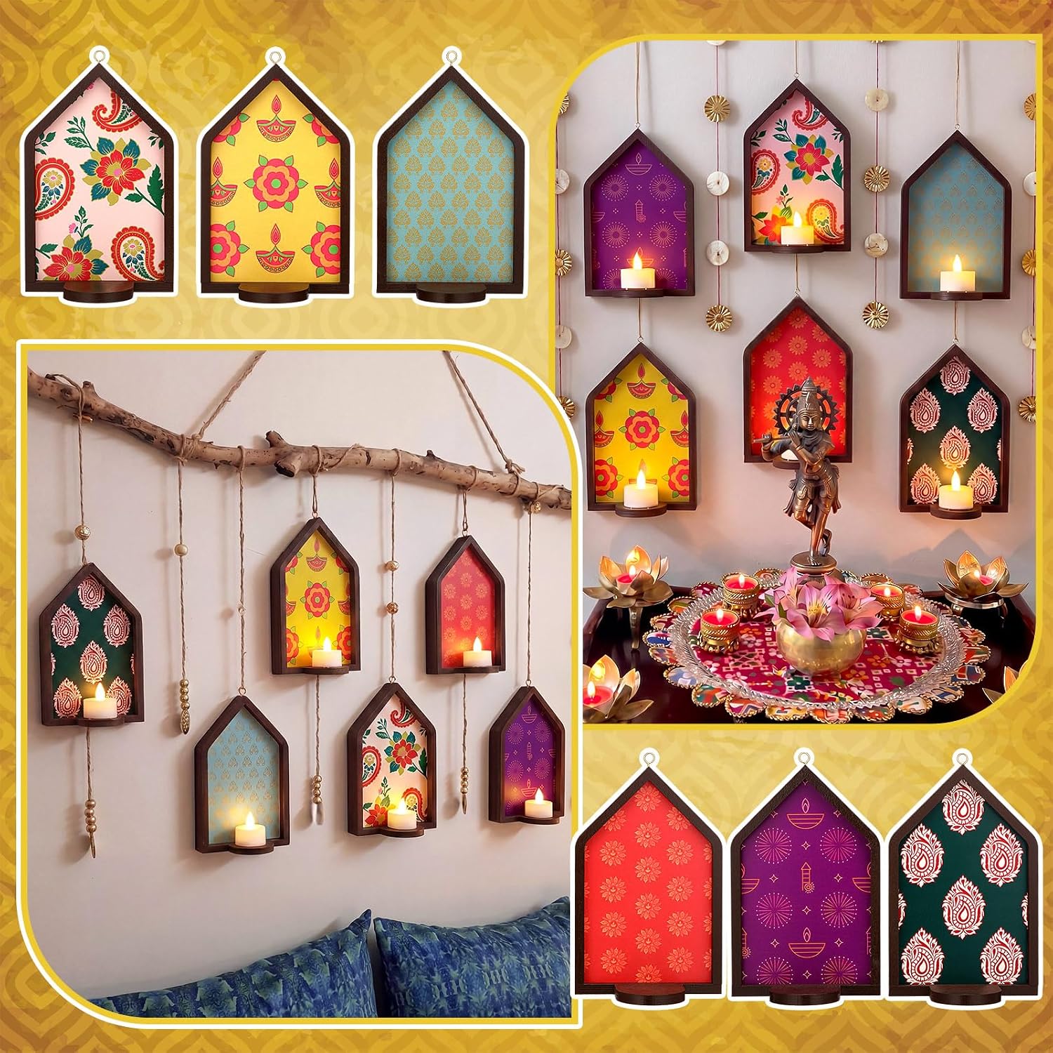 Ashenby 6pcs Diwali Tealight Candle Holder Diwali Decoration Jharokha Design, 1.2 pounds