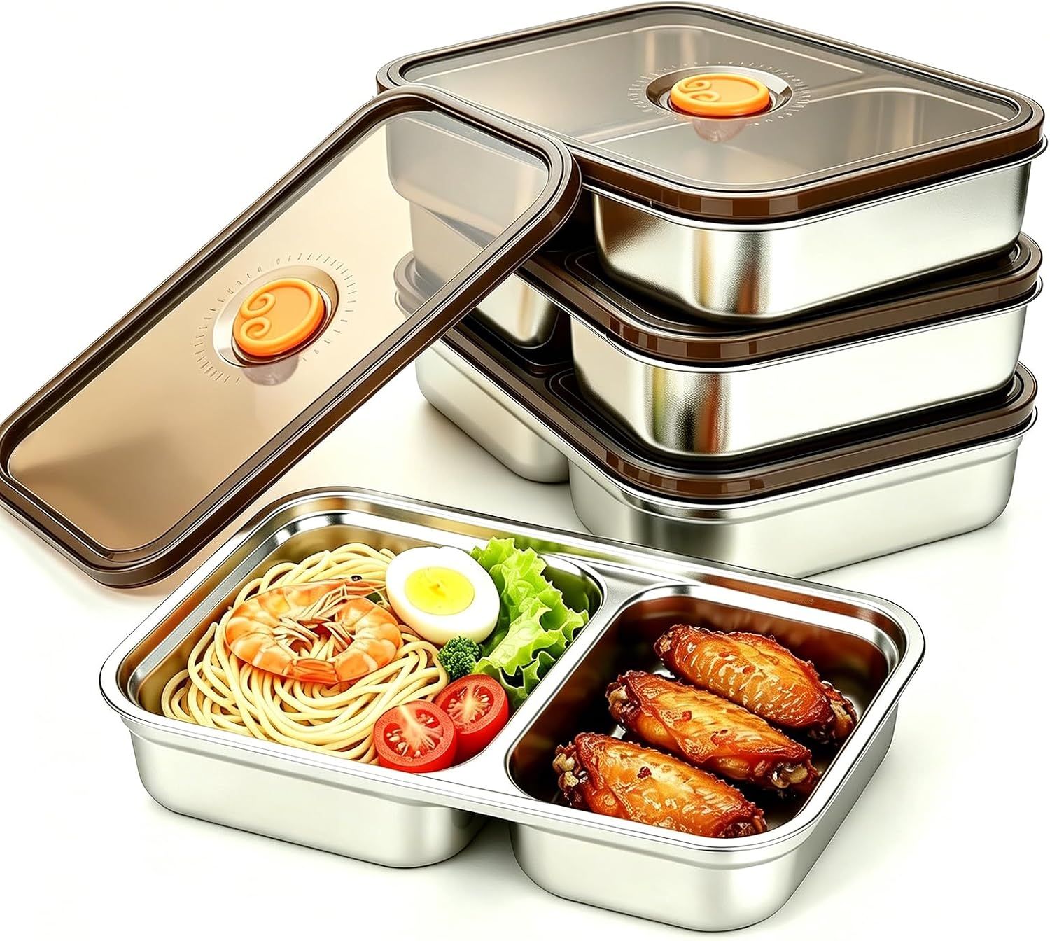 Ashenby 4 Pack Stainless Steel Bento Box with Lids 2 Compartment Containers, Silver