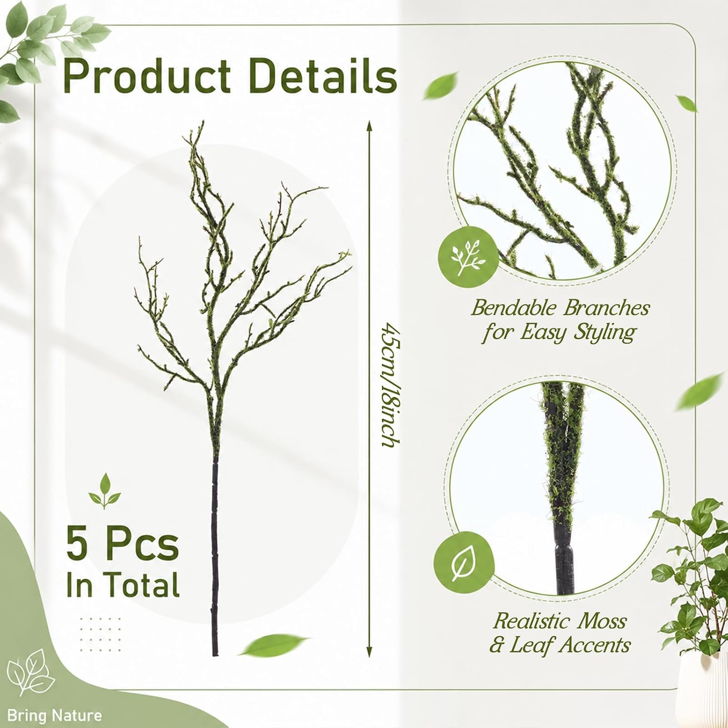 Ashenby 5 Pack Halloween Artificial Moss Branches 18 Inch Bendable Twigs, 15.2 ounces, Green