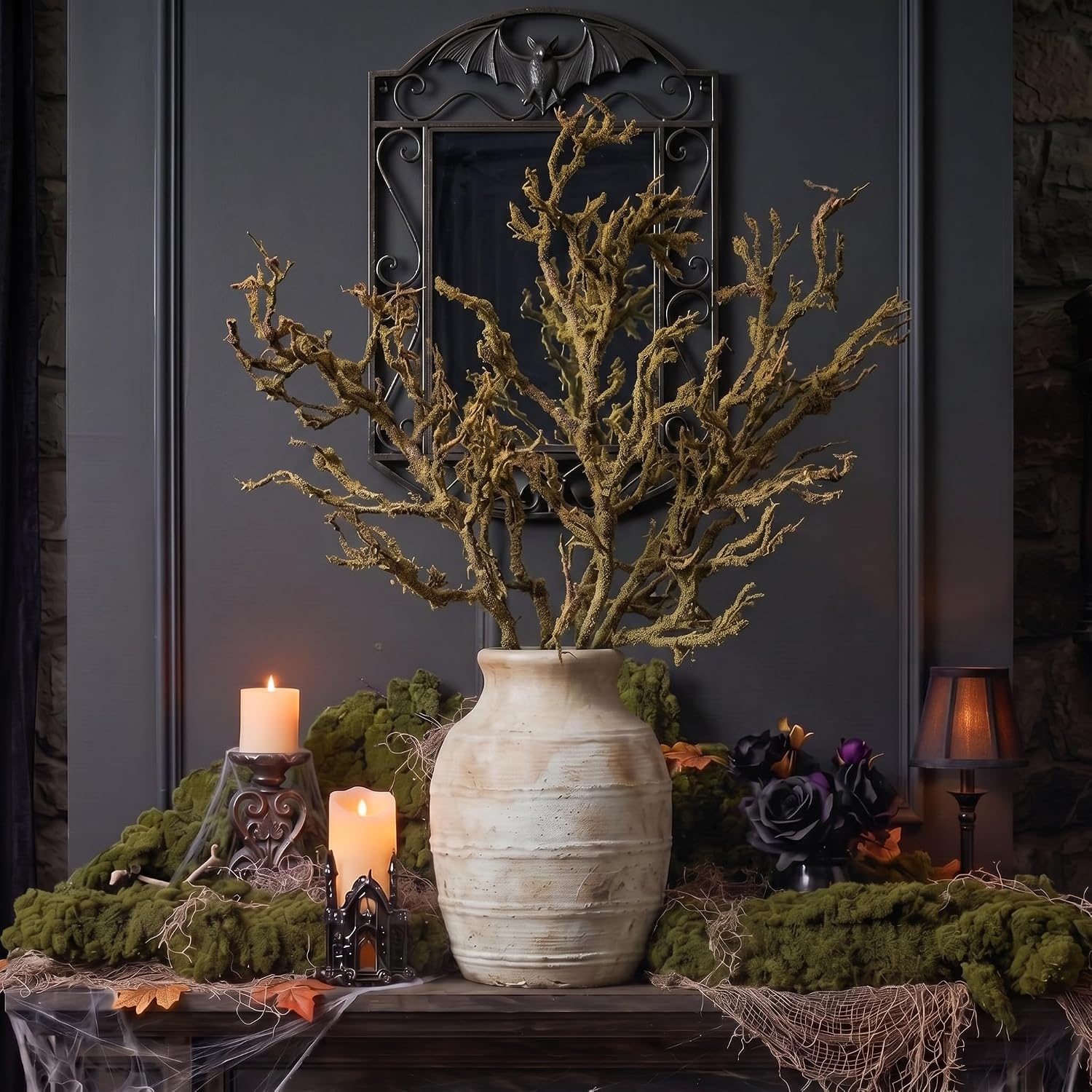 Ashenby 5 Pack Halloween Artificial Moss Branches 18 Inch Bendable Twigs, 15.2 ounces, Green