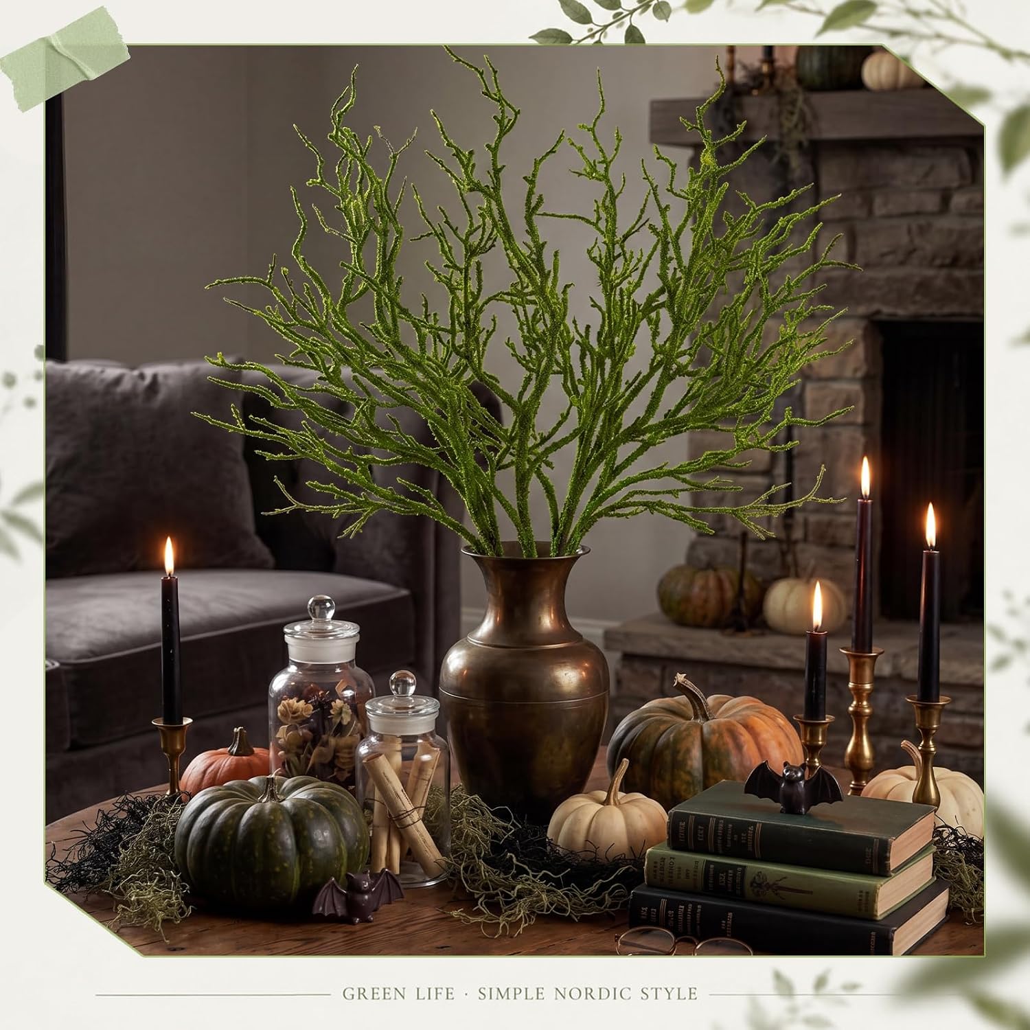 Ashenby 5 Pack Halloween Artificial Moss Branches 18 Inch Bendable Twigs, 15.2 ounces, Green